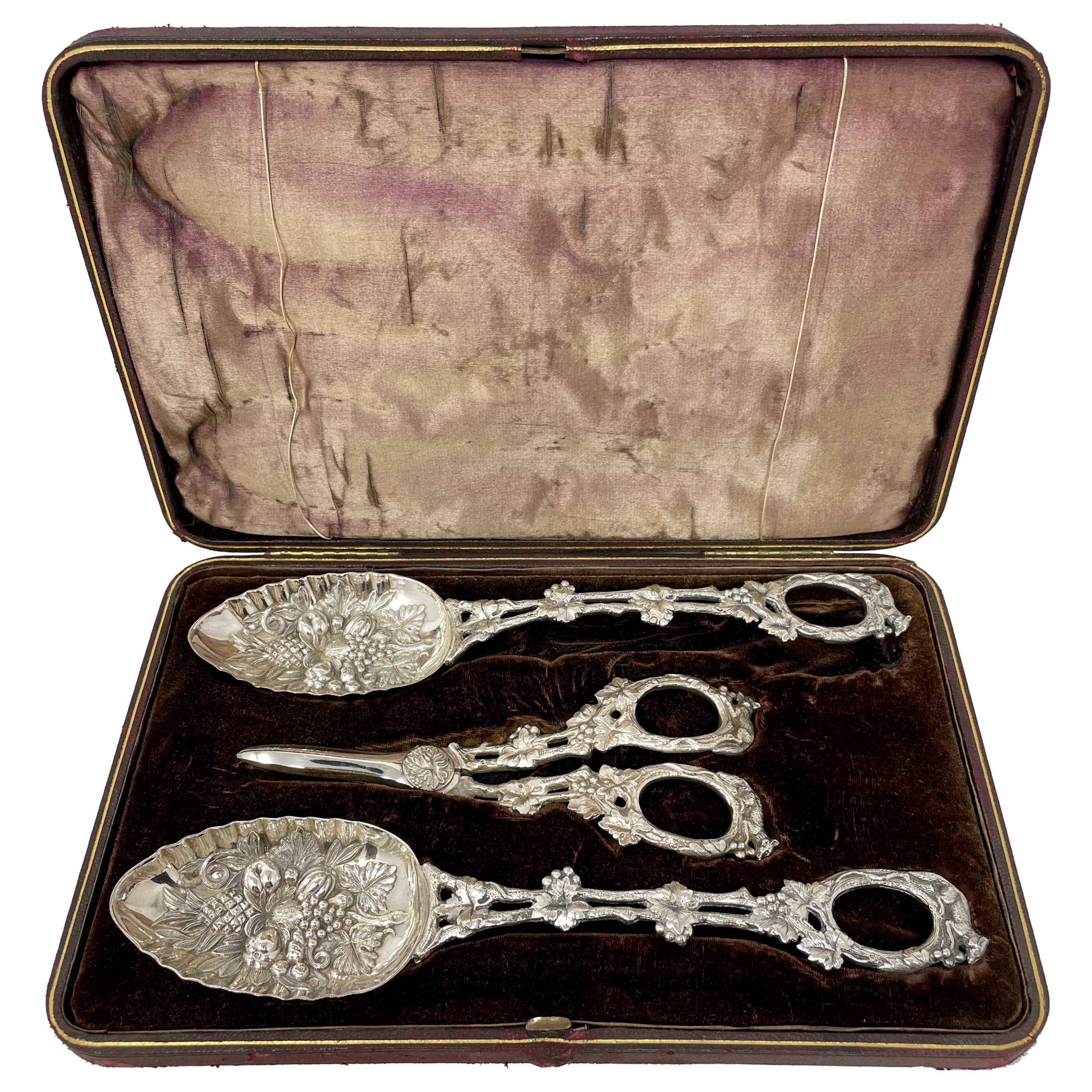 Antike englische Trauben- und Beerenlöffel aus Silber in Originalgehäuse, um 1880