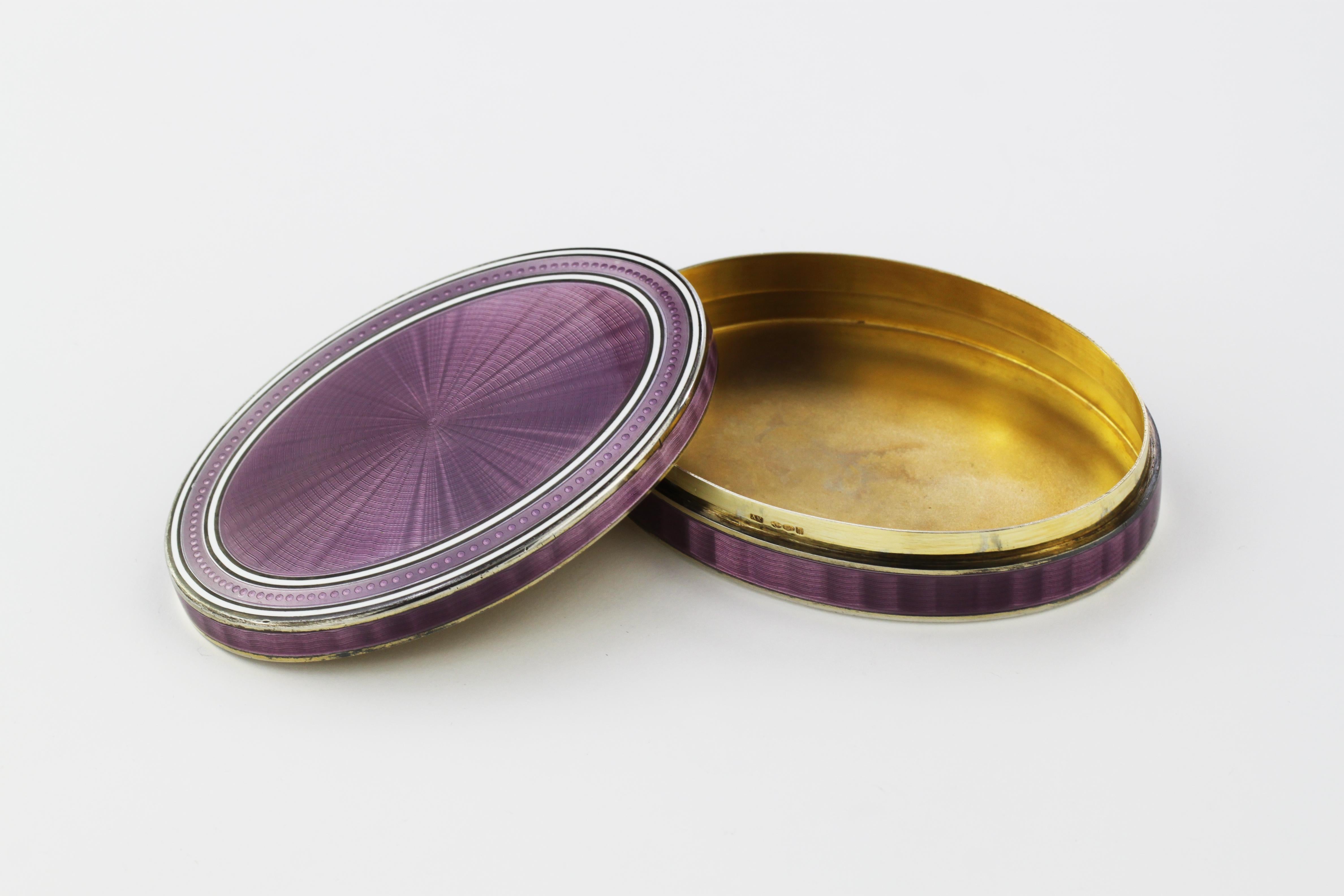 Antique English Silver Imported Purple Guilloche Enamel Box In Good Condition In Braintree, GB