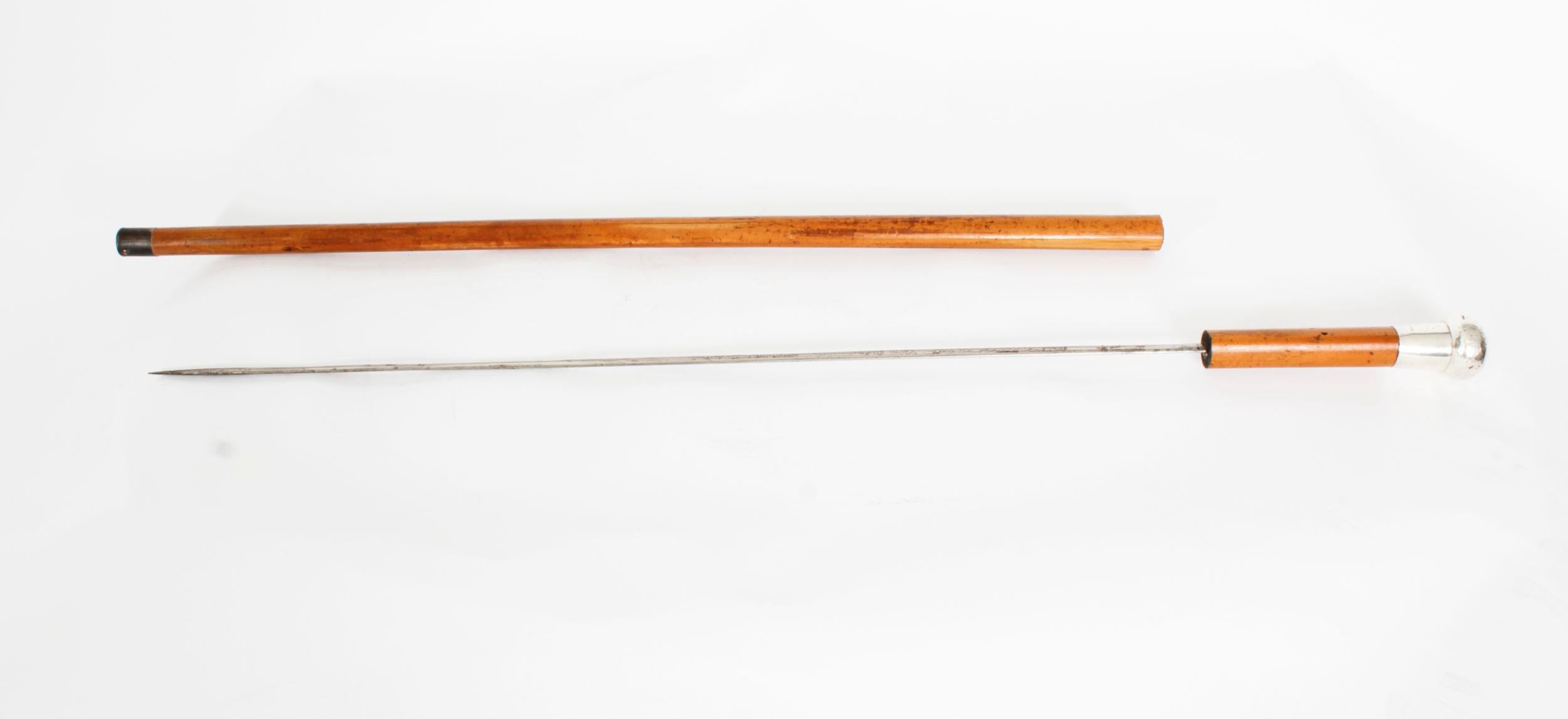 Late 19th Century Antique English Silver & Malacca Sword / Walking Stick Cane 19th Century