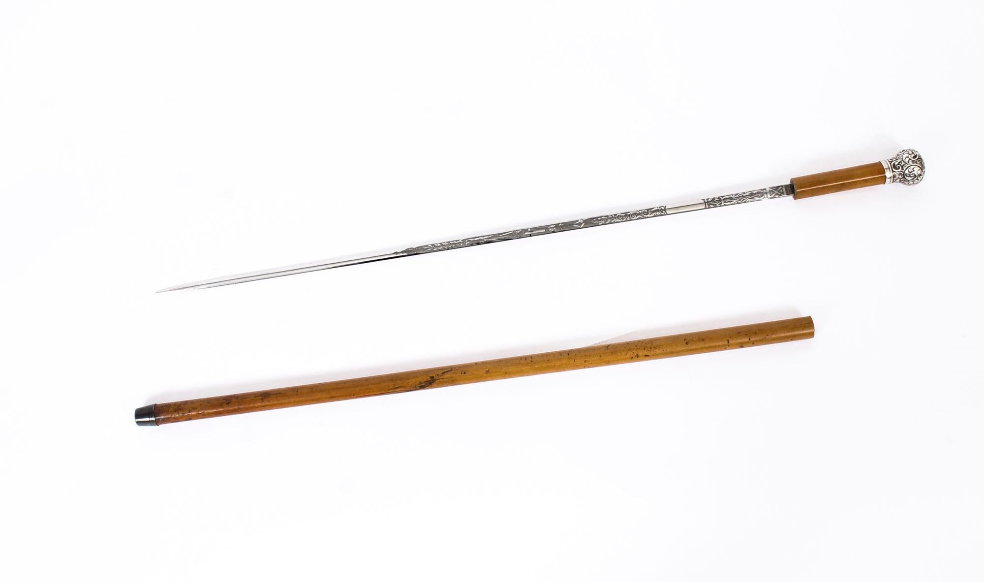 Late 19th Century Antique English Silver and Malacca Sword / Walking Stick Cane, 19th Century