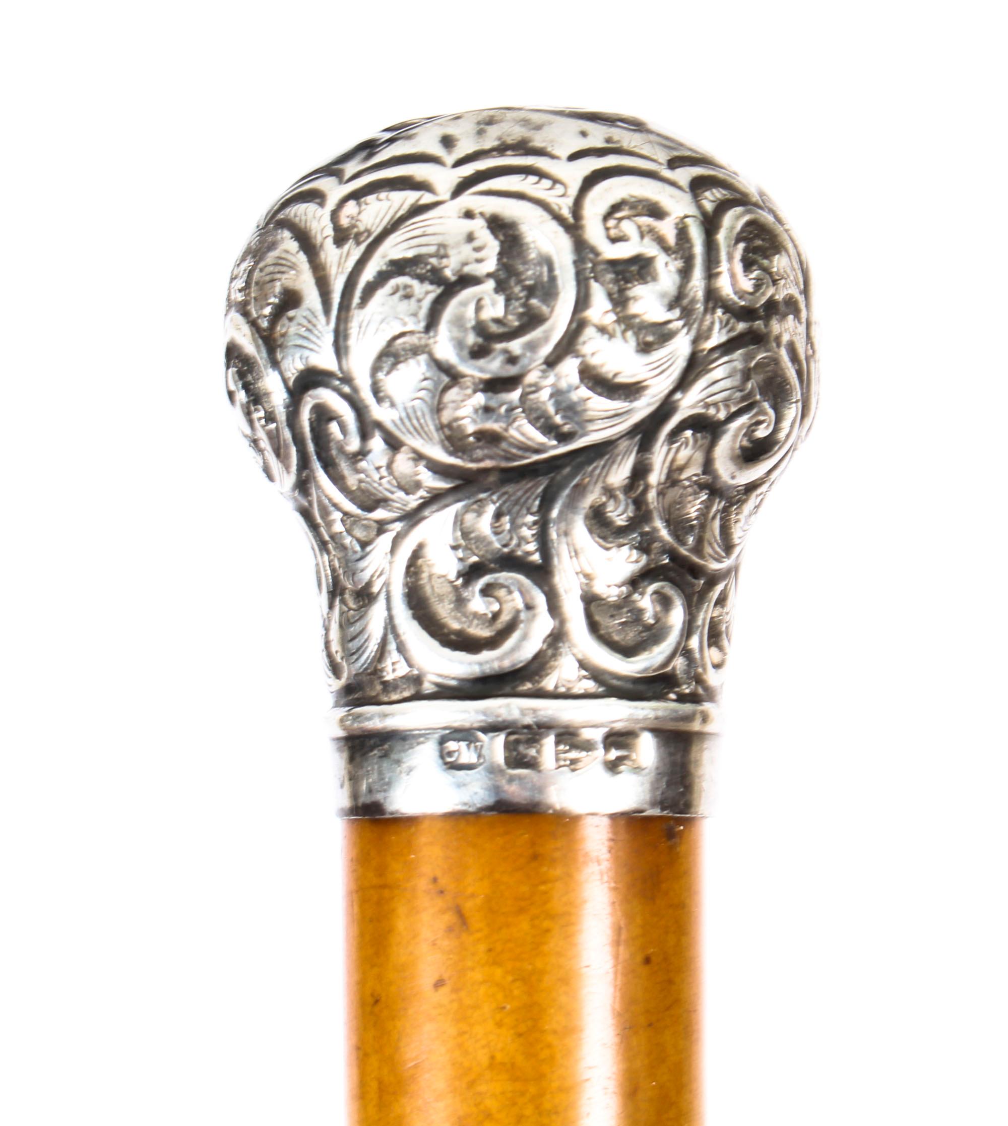 This is a beautiful antique English gentleman's malacca and sterling silver pommel walking / sword stick bearing hallmarks for Chester 1892.
 
The striking stick features an ornate silver pommel embossed with scrolling foliage on a gentle tapering