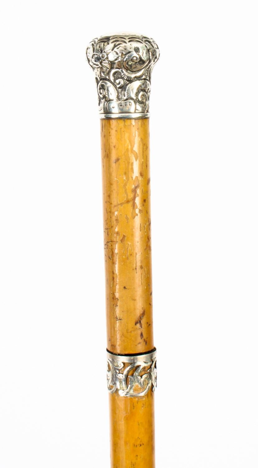 This is a beautiful antique English gentleman's malacca and sterling silver pommel walking / sword stick bearing hallmarks for London 1888.
 
The striking stick features an ornate silver pommel embossed with scrolling foliage and pierced collar on