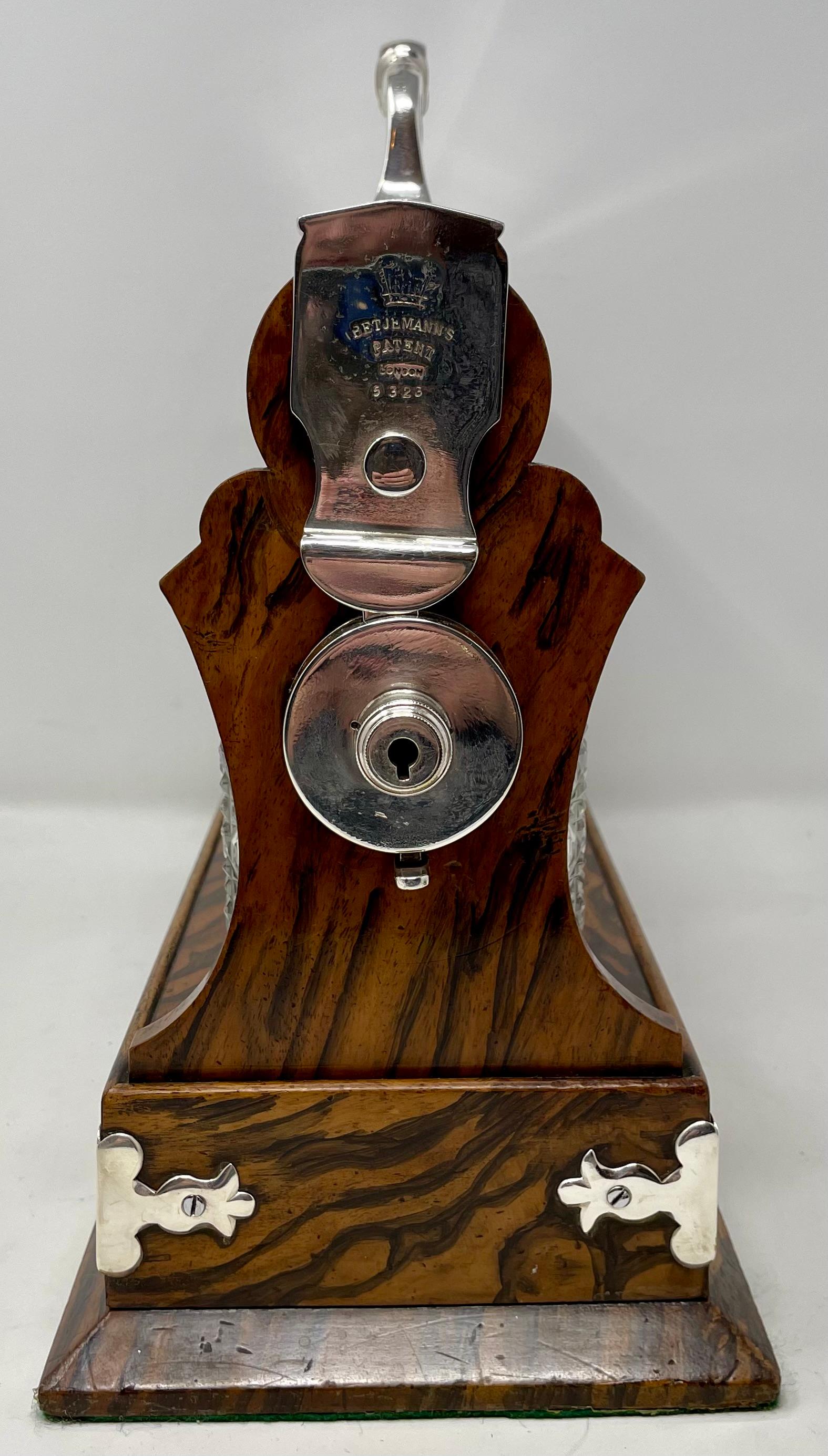 Antique English Silver Mounted Black Walnut 3 Bottle Tantalus, Circa 1880. In Good Condition For Sale In New Orleans, LA