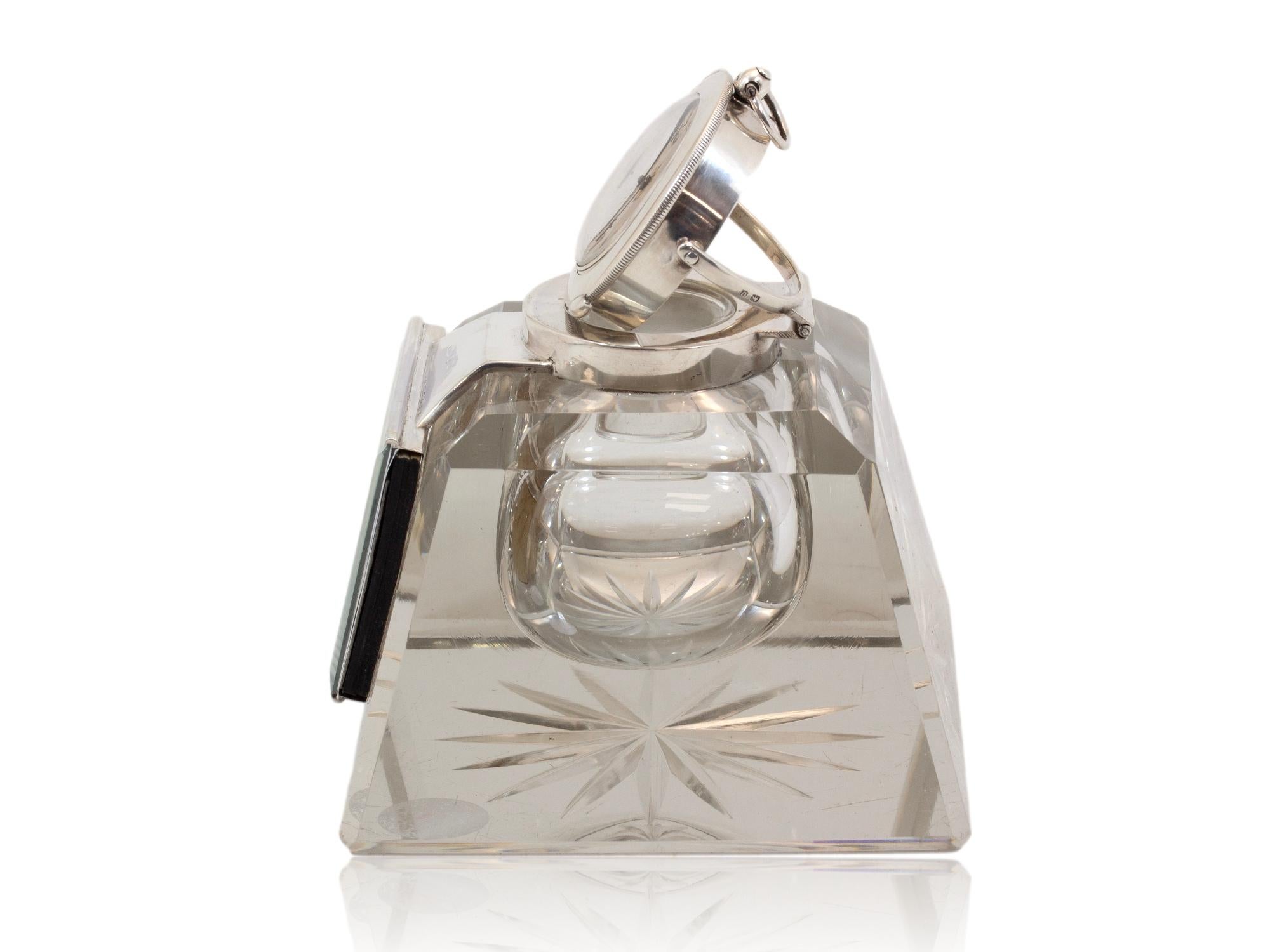 19th Century Antique English Silver Mounted Desk Inkwell and Clock For Sale