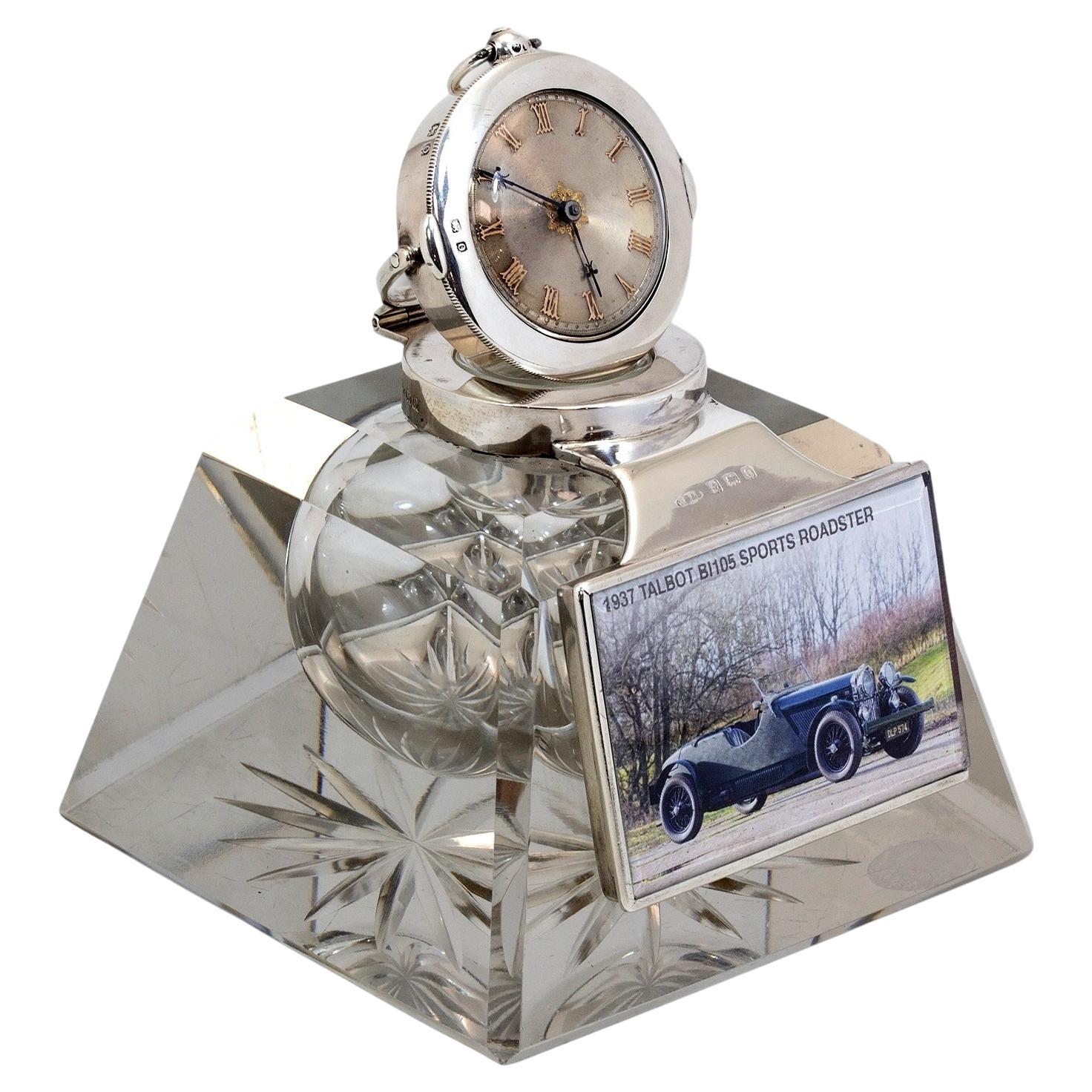 Antique English Silver Mounted Desk Inkwell and Clock For Sale