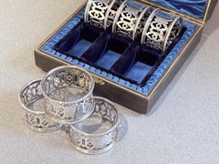 Antique English Silver Napkin Rings Set of 6, Original Case Ornate Art Deco
