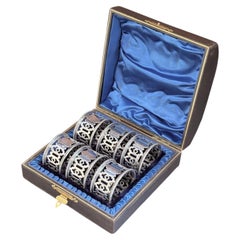 Antique English Silver Napkin Rings Set of 6, Original Case Ornate Art Deco