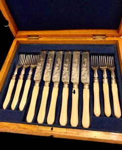 Antique English Silver-Plate and Bakelite Fish Set for Six in Original Wood Box