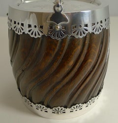 Antique English Silver Plate and Carved Oak Biscuit Box, circa 1900