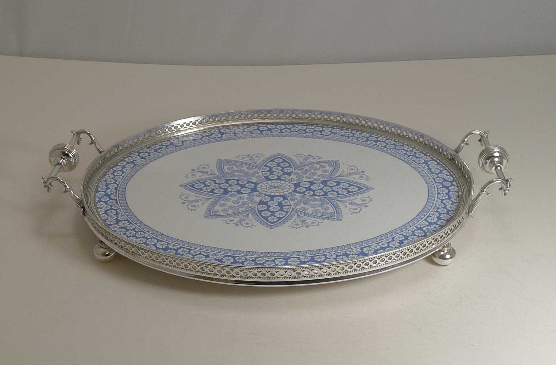 Antique English Silver Plate and Ceramic Blue and White Serving Tray, circa 1880 5