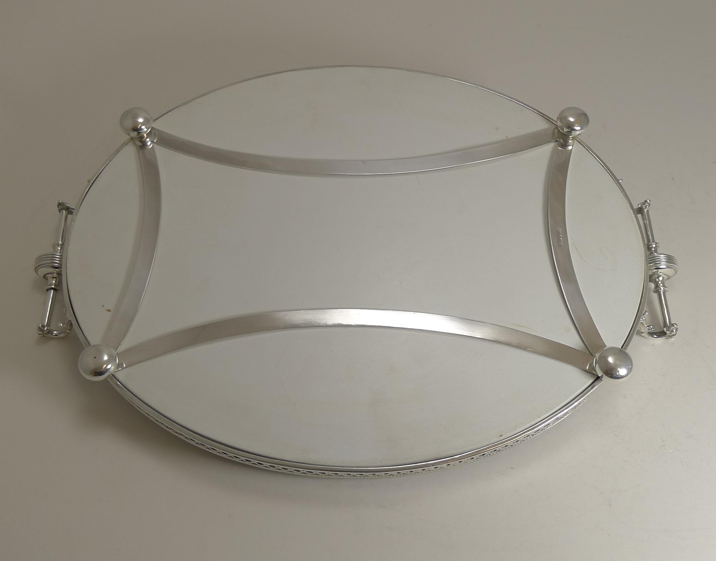 Antique English Silver Plate and Ceramic Blue and White Serving Tray, circa 1880 6