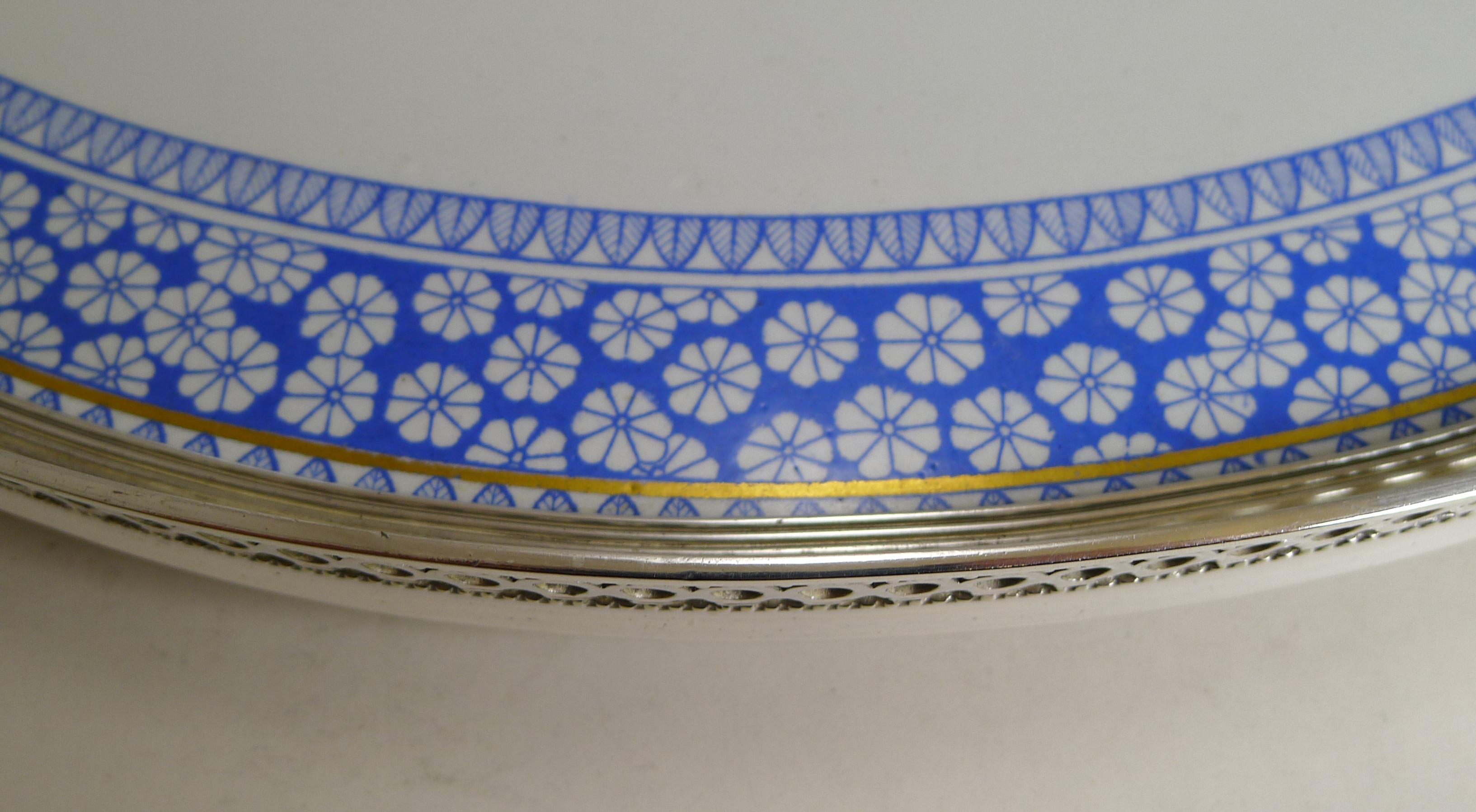 Late Victorian Antique English Silver Plate and Ceramic Blue and White Serving Tray, circa 1880
