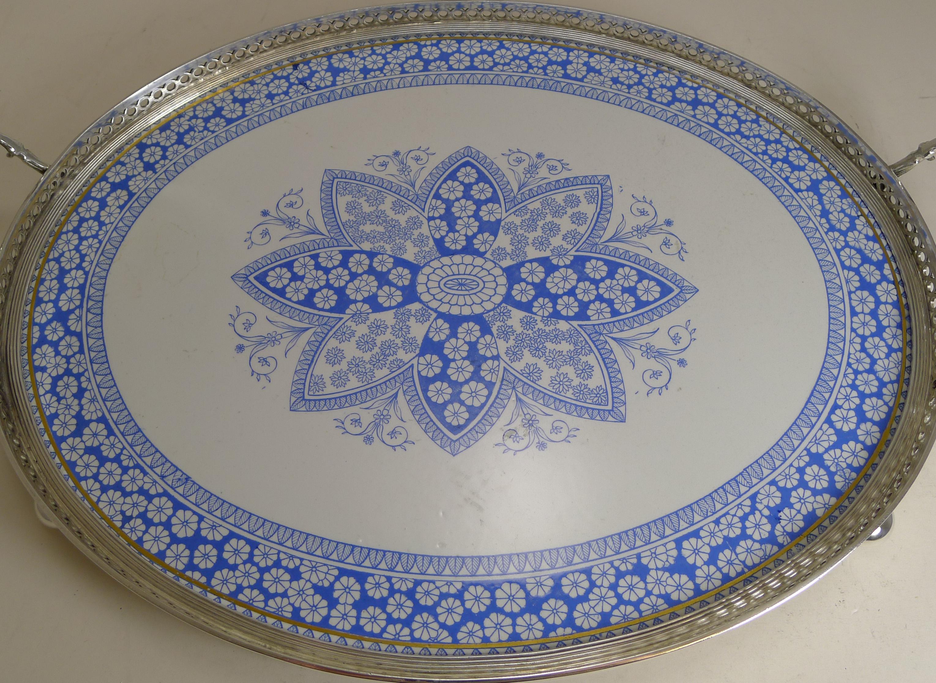 Late 19th Century Antique English Silver Plate and Ceramic Blue and White Serving Tray, circa 1880