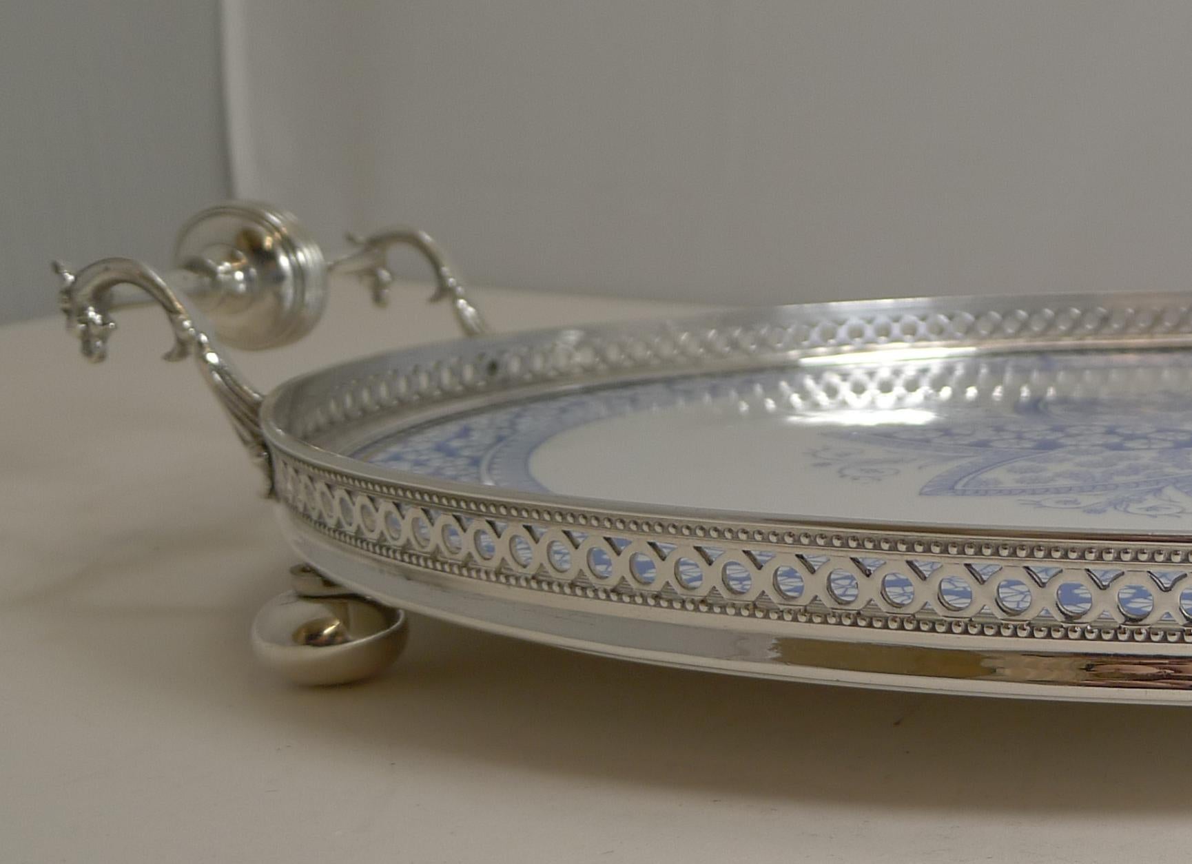 Antique English Silver Plate and Ceramic Blue and White Serving Tray, circa 1880 1