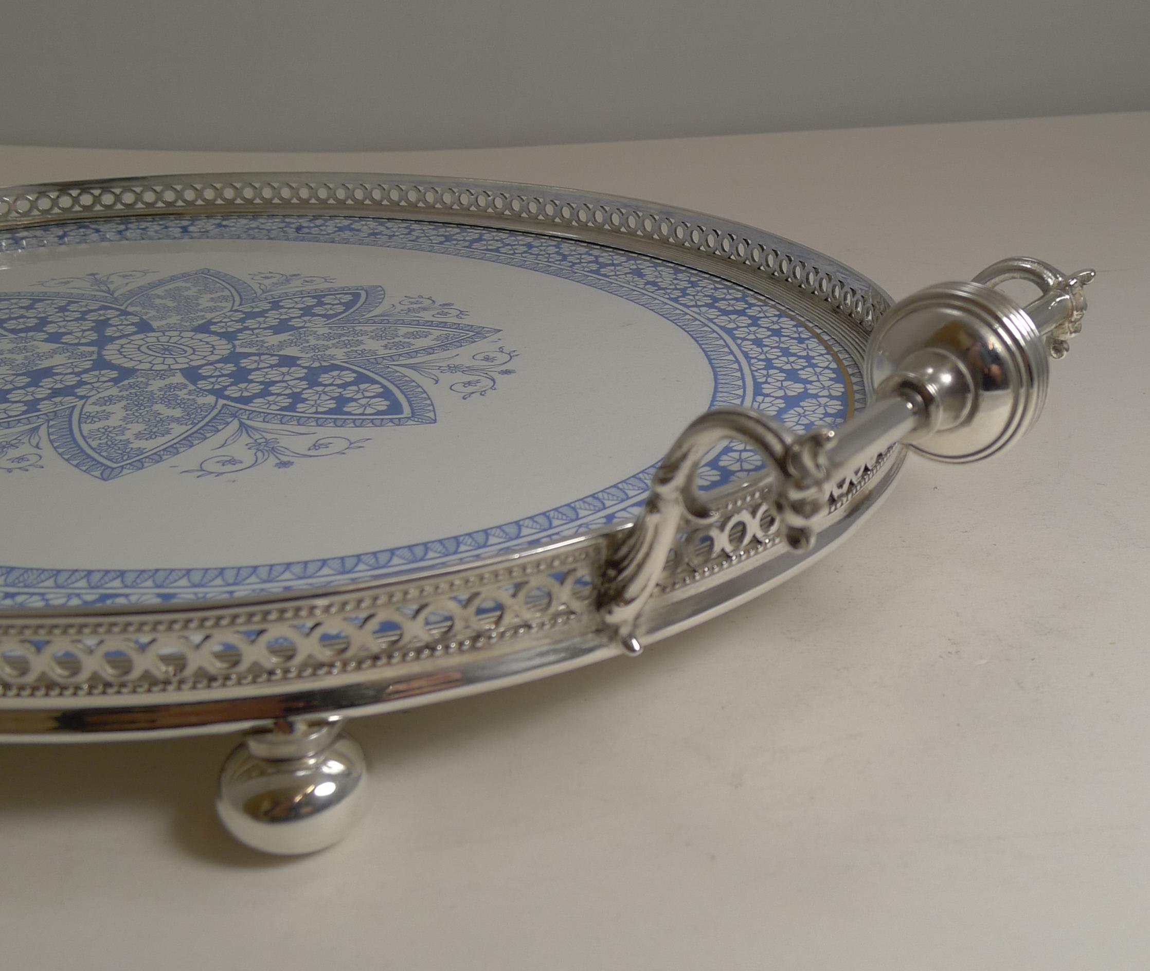 Antique English Silver Plate and Ceramic Blue and White Serving Tray, circa 1880 2