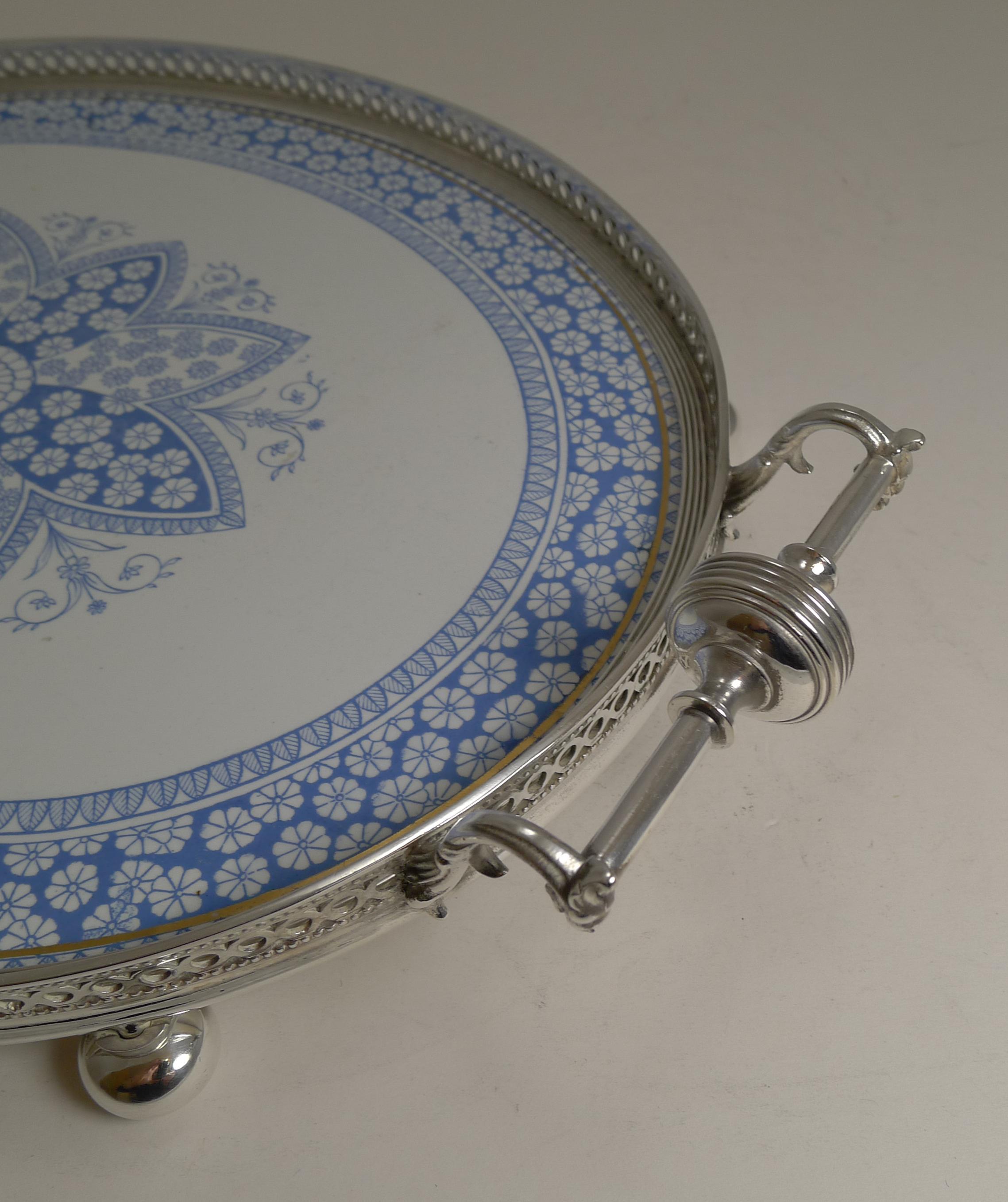 Antique English Silver Plate and Ceramic Blue and White Serving Tray, circa 1880 3
