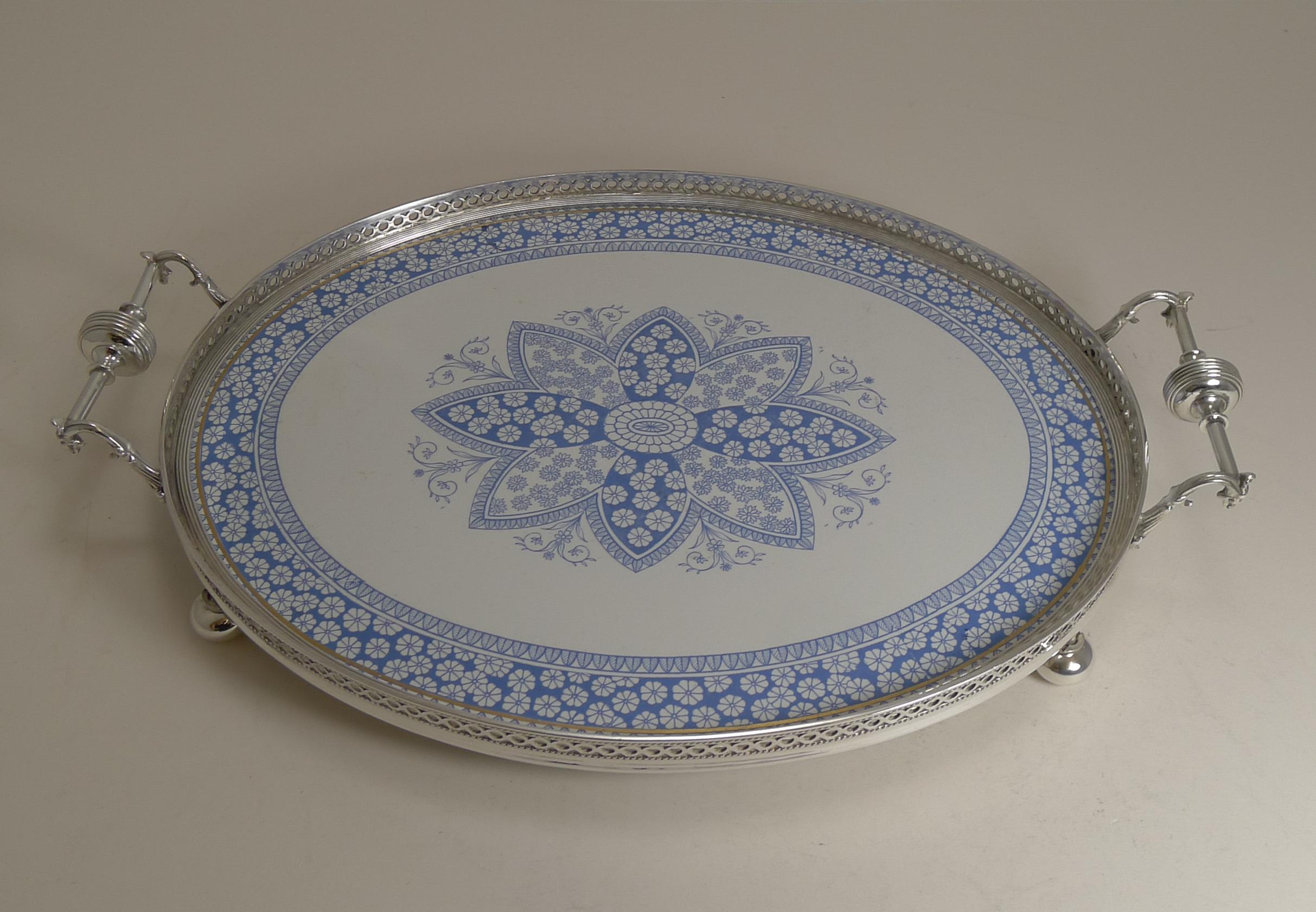 Antique English Silver Plate and Ceramic Blue and White Serving Tray, circa 1880 4