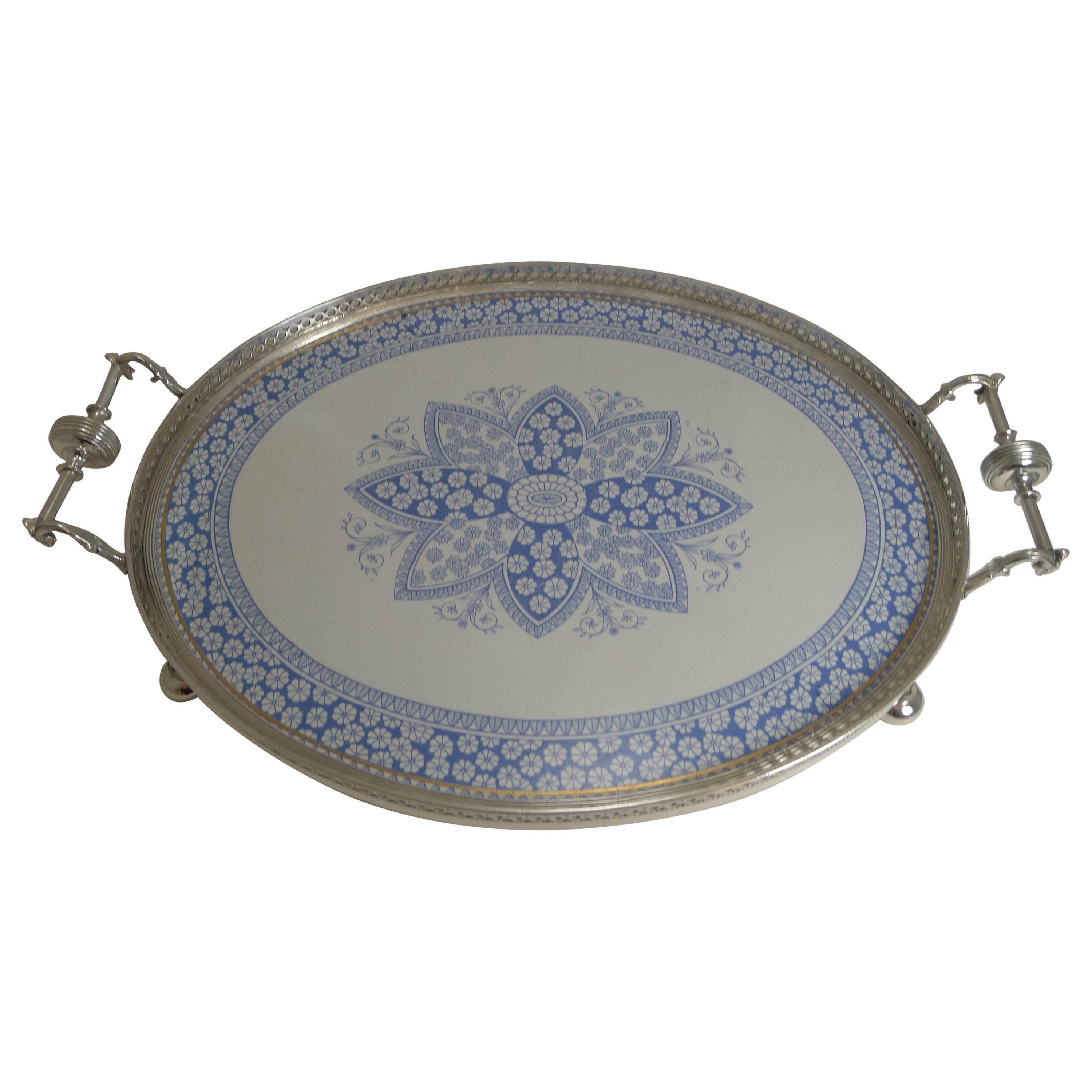 Antique English Silver Plate and Ceramic Blue and White Serving Tray, circa 1880