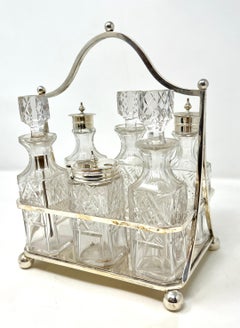 Antique English Silver Plate and Cut Crystal Cruet Set, Circa 1880-1890.