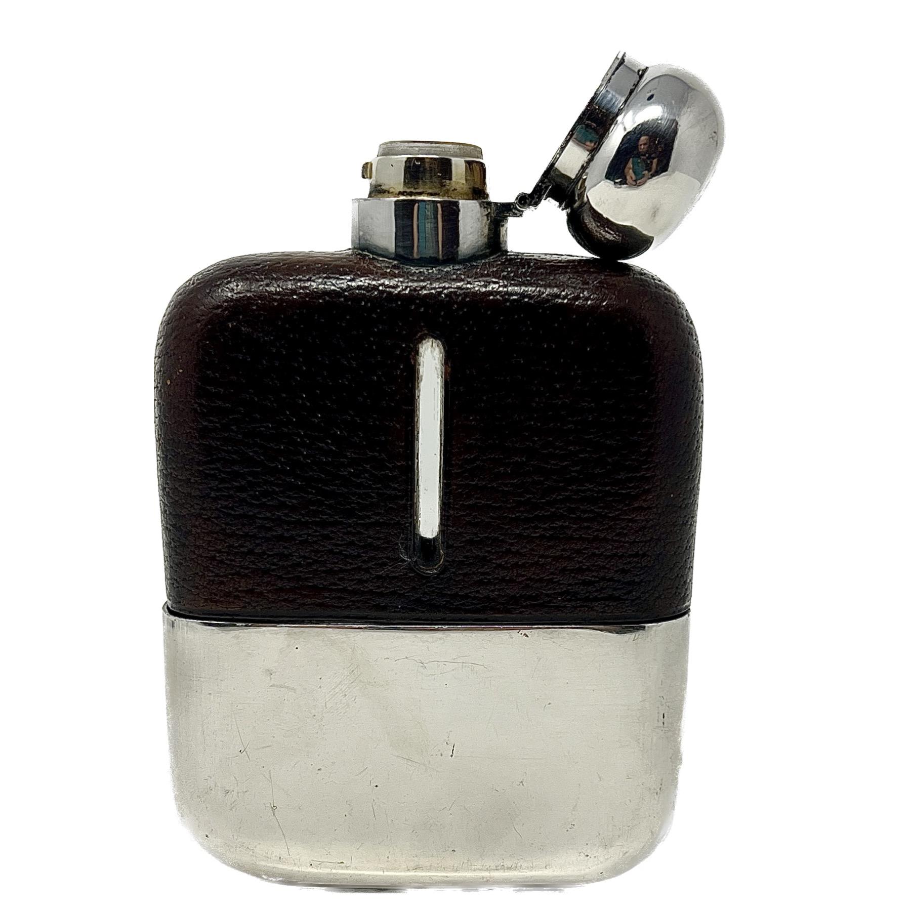 Antique English Silver Plate and Italian Leather Mounted Flask, Circa 1920.
Hallmarked 