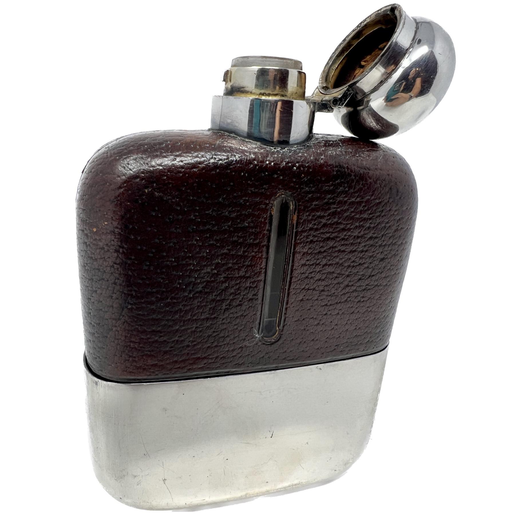 Art Deco Antique English Silver Plate and Italian Leather Mounted Flask, Circa 1920. For Sale