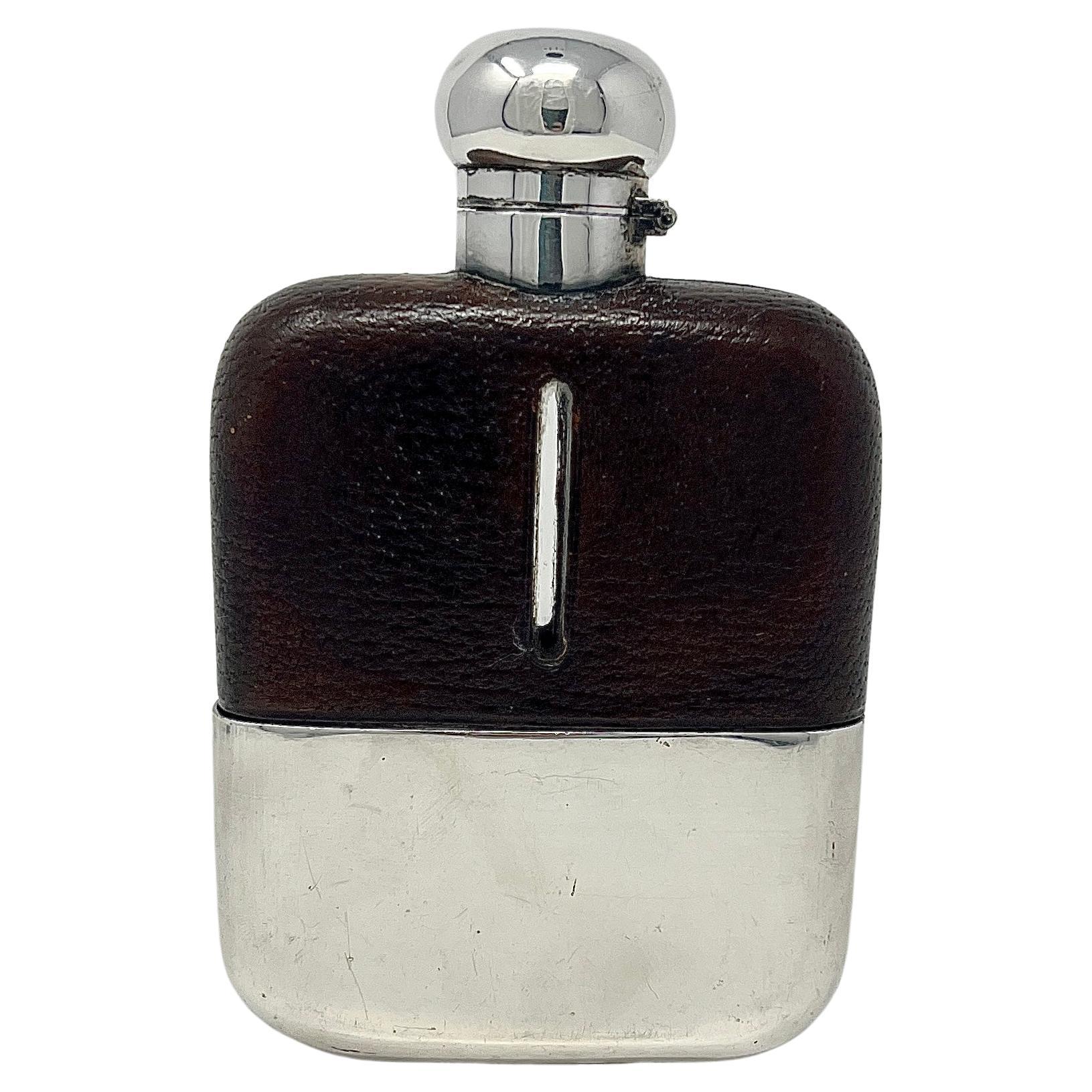 Antique English Silver Plate and Italian Leather Mounted Flask, Circa 1920. For Sale