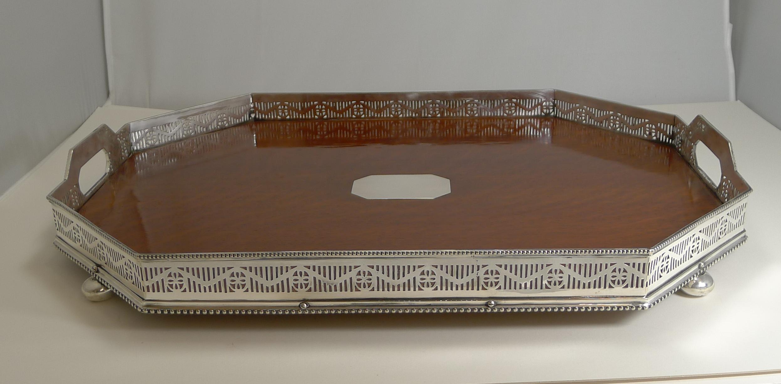 Antique English Silver Plate and Oak Galleried Cocktail / Serving Tray 5