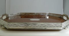 Antique English Silver Plate and Oak Galleried Cocktail / Serving Tray