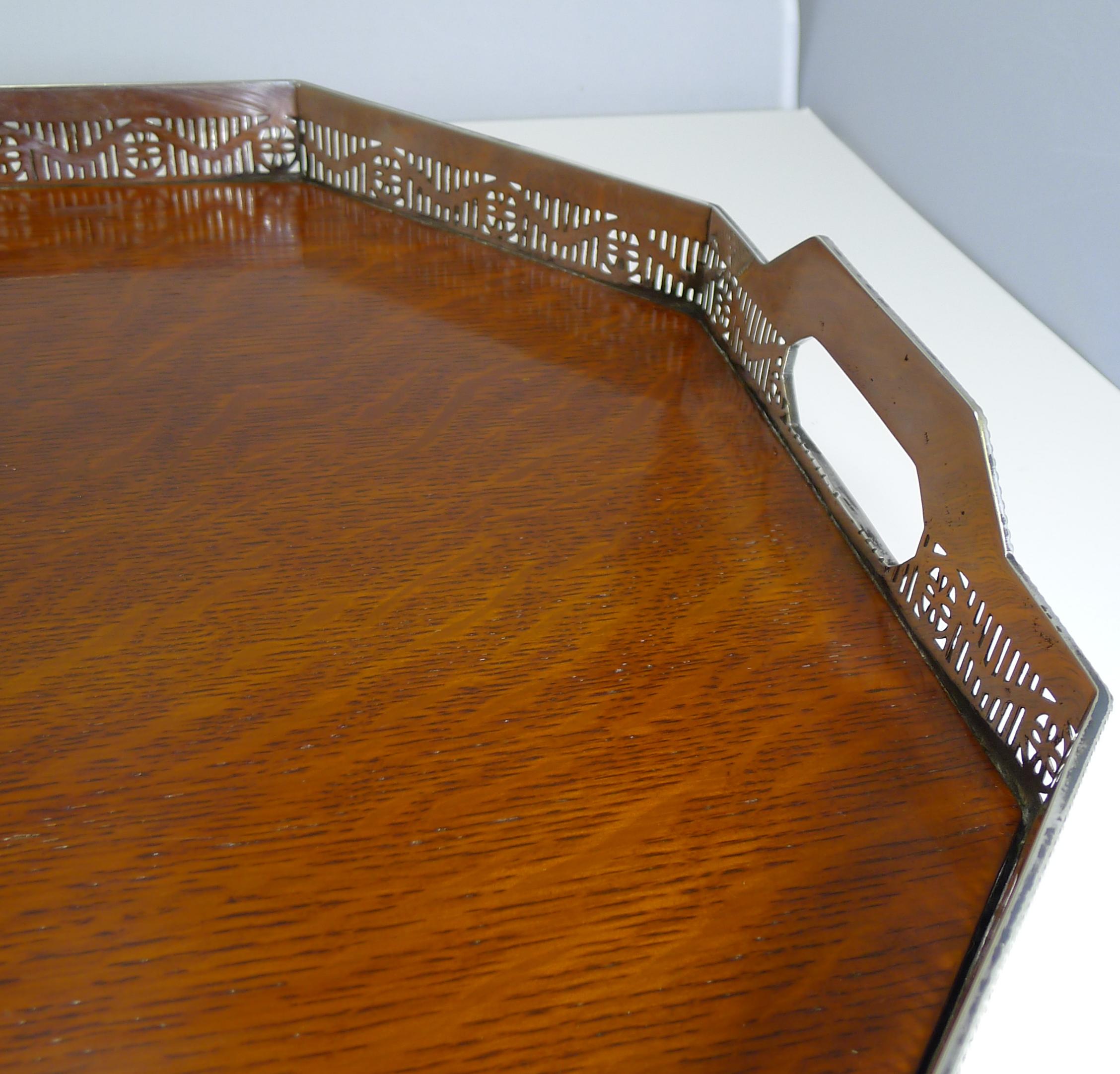 Edwardian Antique English Silver Plate and Oak Galleried Cocktail / Serving Tray