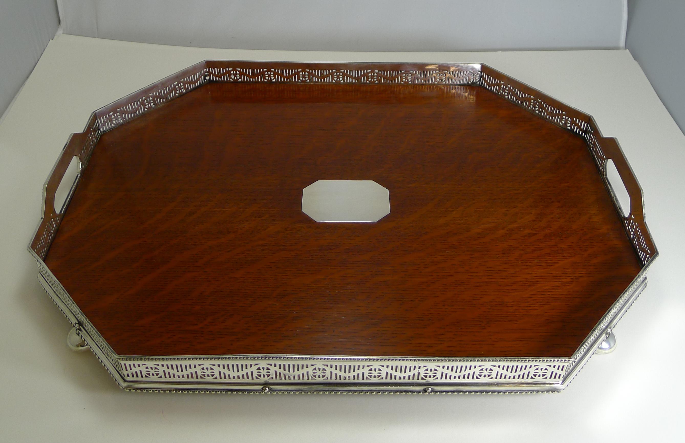 Antique English Silver Plate and Oak Galleried Cocktail / Serving Tray In Good Condition In Bath, GB