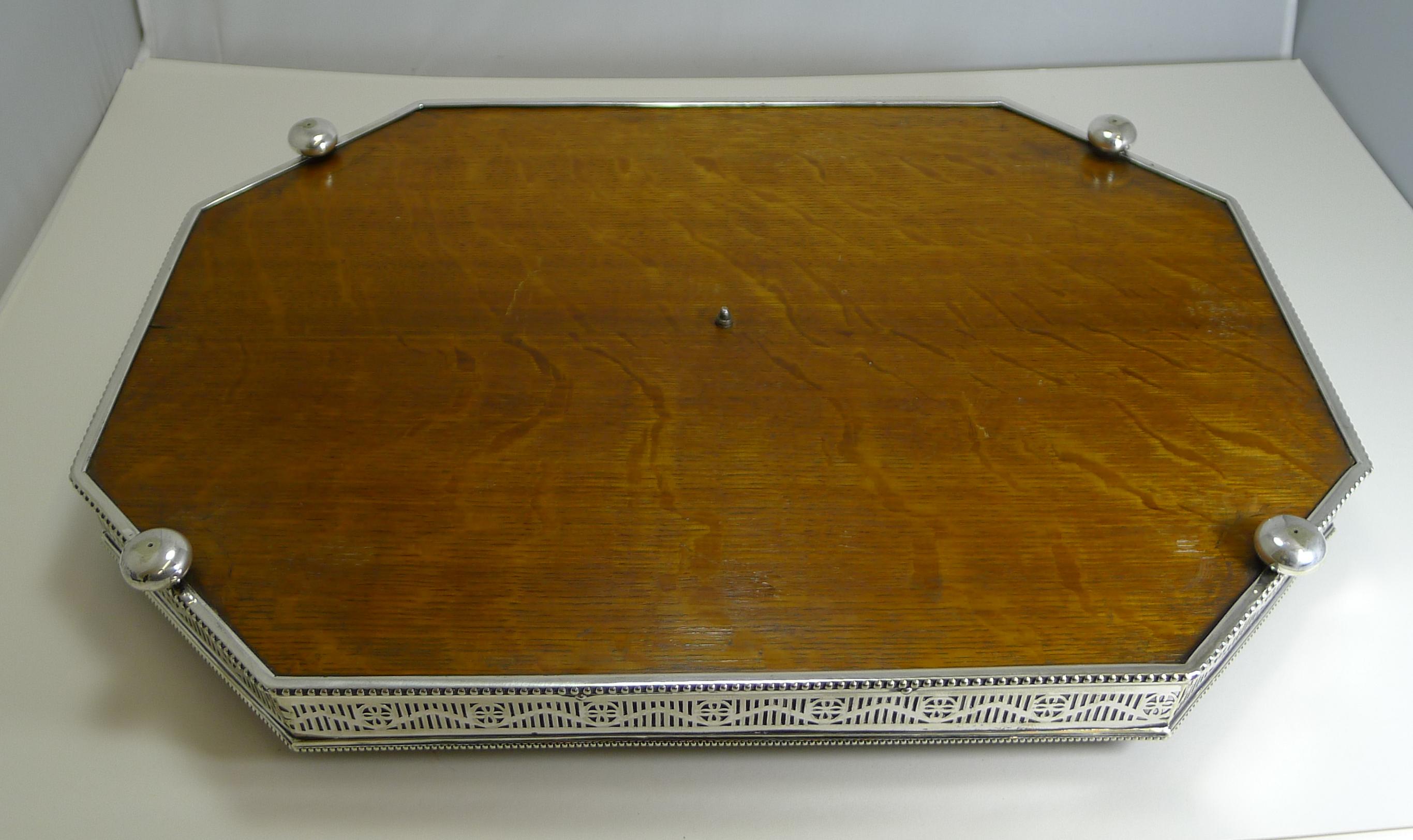 Early 20th Century Antique English Silver Plate and Oak Galleried Cocktail / Serving Tray