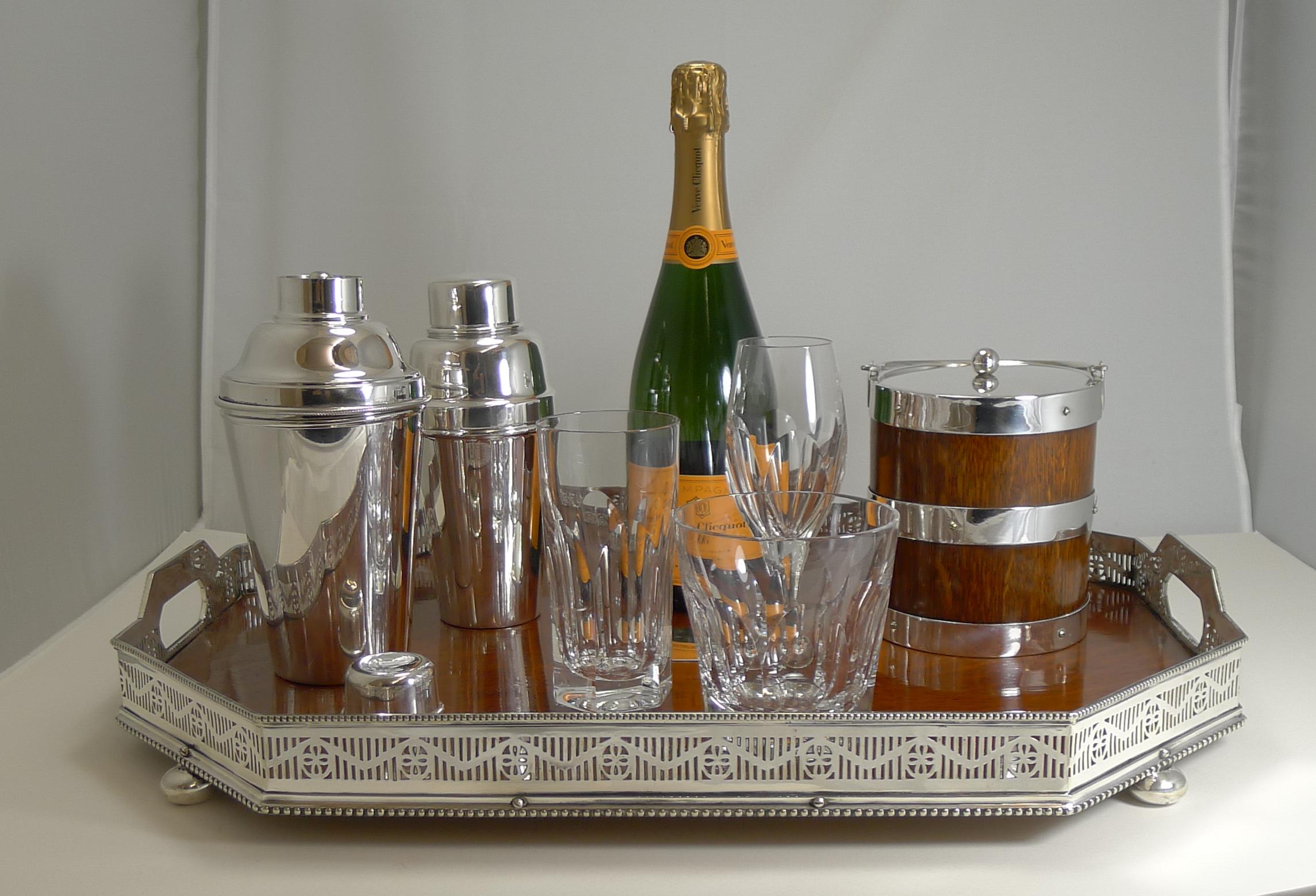 Antique English Silver Plate and Oak Galleried Cocktail / Serving Tray 1