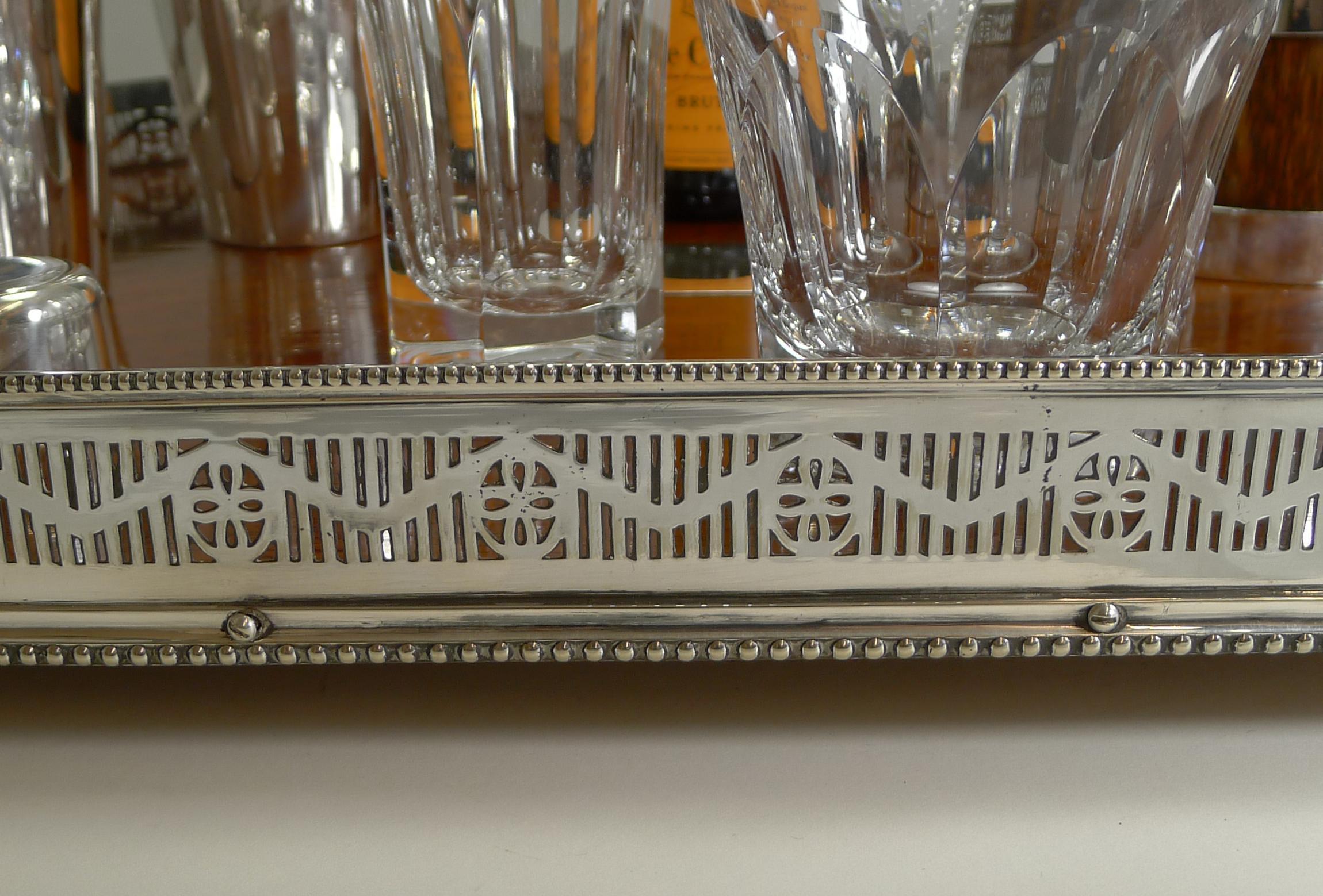 Antique English Silver Plate and Oak Galleried Cocktail / Serving Tray 3