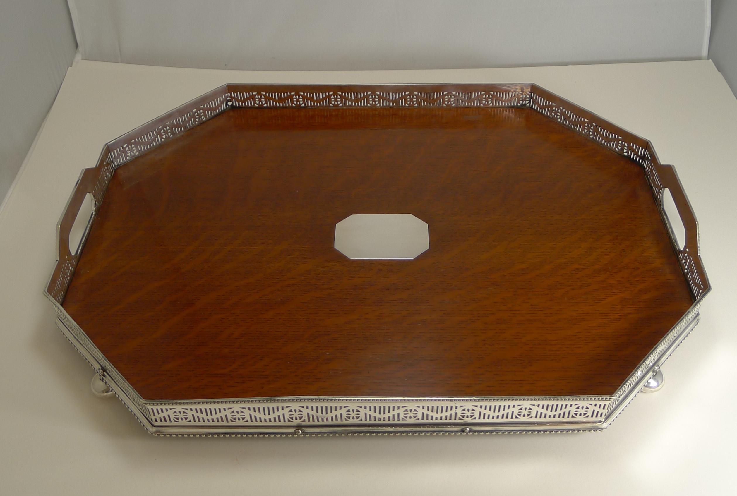 Antique English Silver Plate and Oak Galleried Cocktail / Serving Tray 4