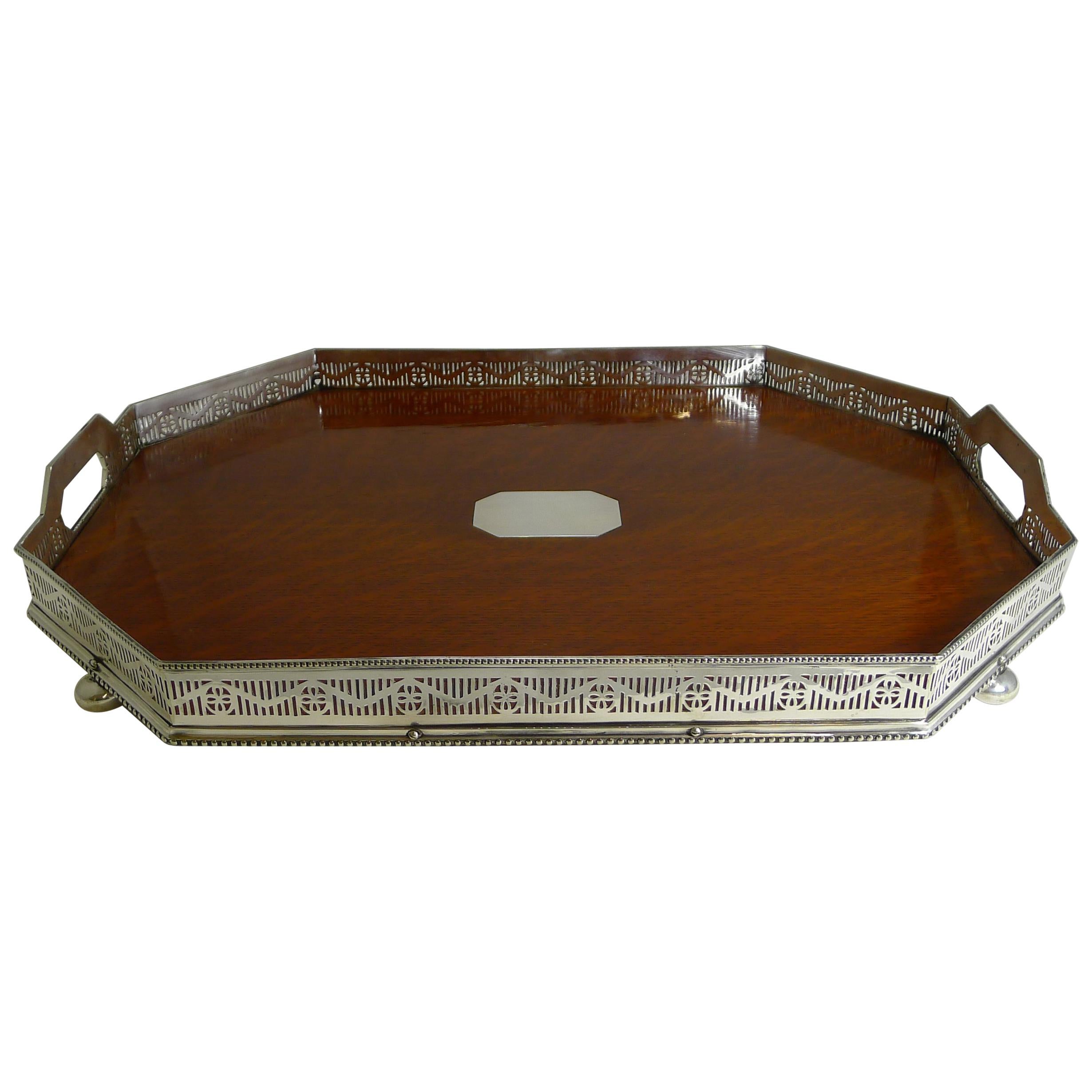 Antique English Silver Plate and Oak Galleried Cocktail / Serving Tray