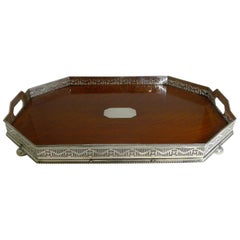 Antique English Silver Plate and Oak Galleried Cocktail / Serving Tray