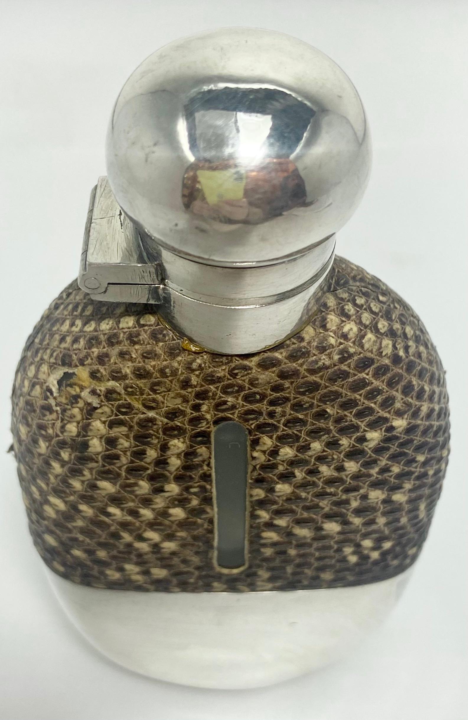 Antique English Silver-Plate and Snakeskin Hip Flask, Circa 1900 In Good Condition In New Orleans, LA