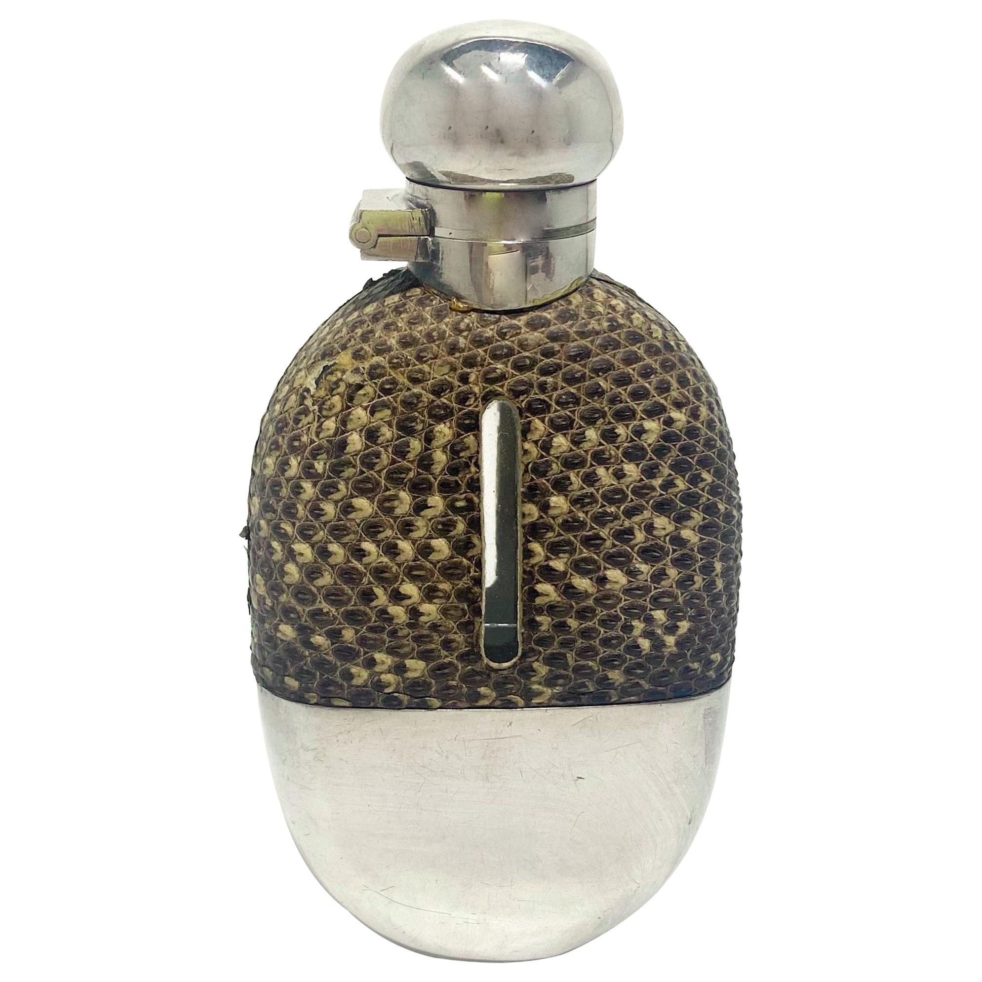 Antique English Silver-Plate and Snakeskin Hip Flask, Circa 1900