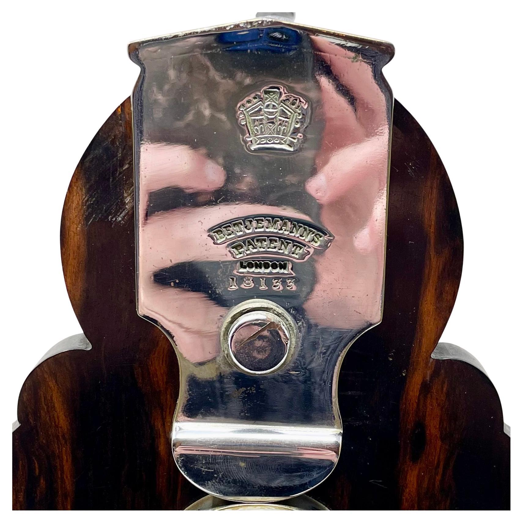 Antique English Silver Plate, Coromandel Wood and Cut Crystal 3 Bottle Tantalus. For Sale 7
