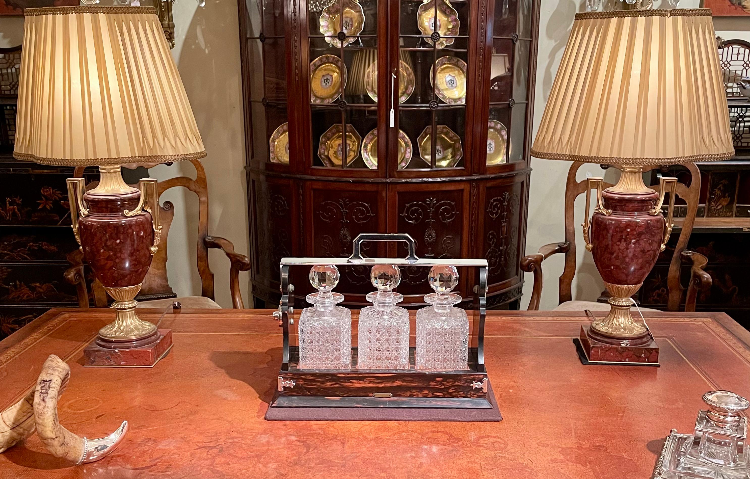 Antique English Silver Plate, Coromandel Wood and Cut Crystal 3 Bottle Tantalus. For Sale 9