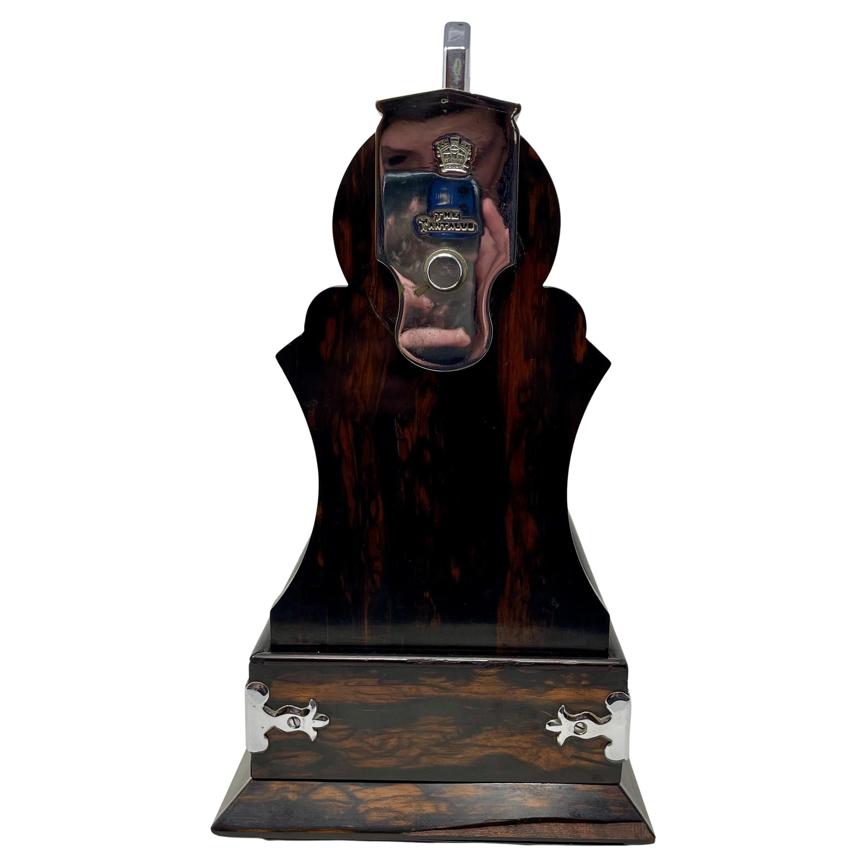 19th Century Antique English Silver Plate, Coromandel Wood and Cut Crystal 3 Bottle Tantalus. For Sale
