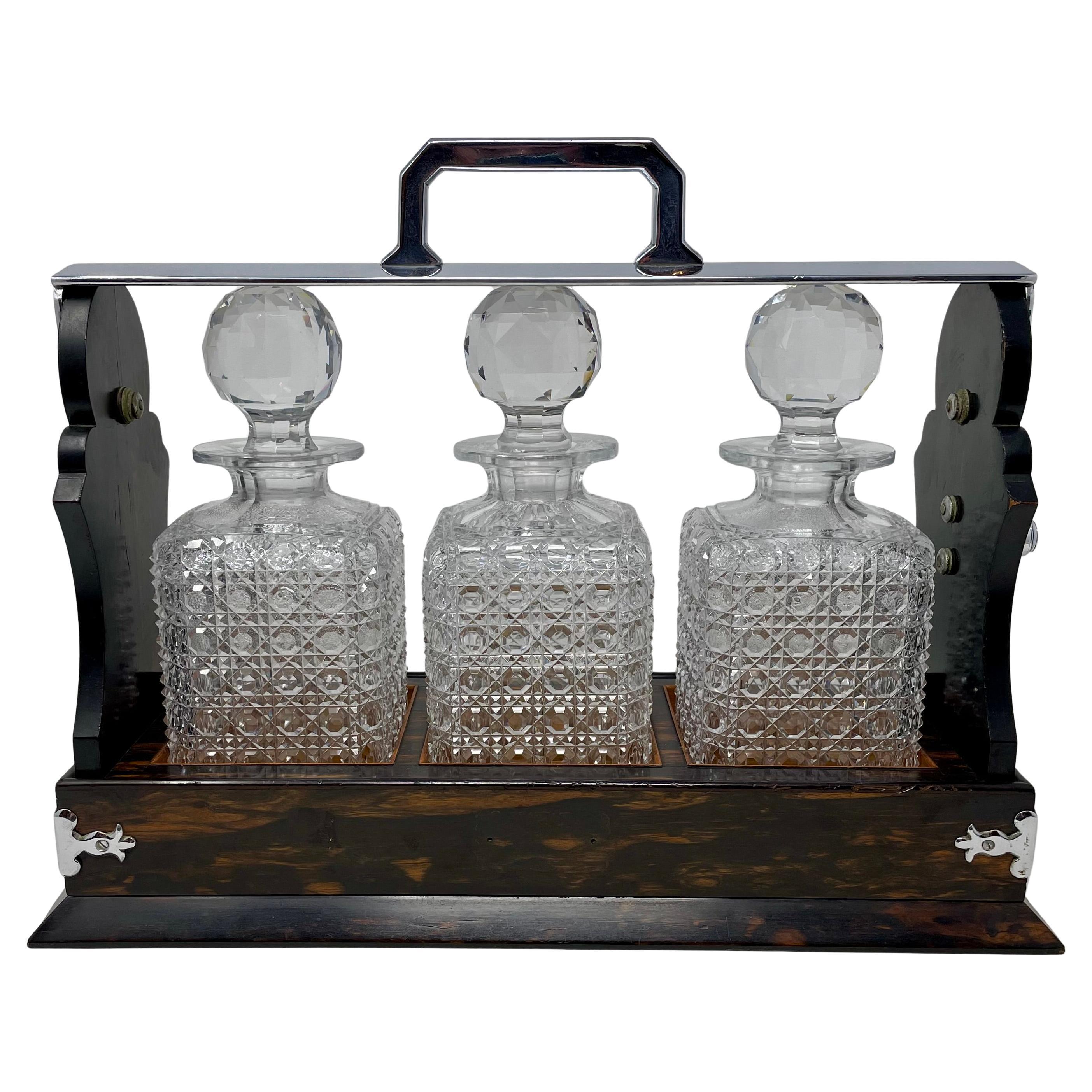 Antique English Silver Plate, Coromandel Wood and Cut Crystal 3 Bottle Tantalus. For Sale 2
