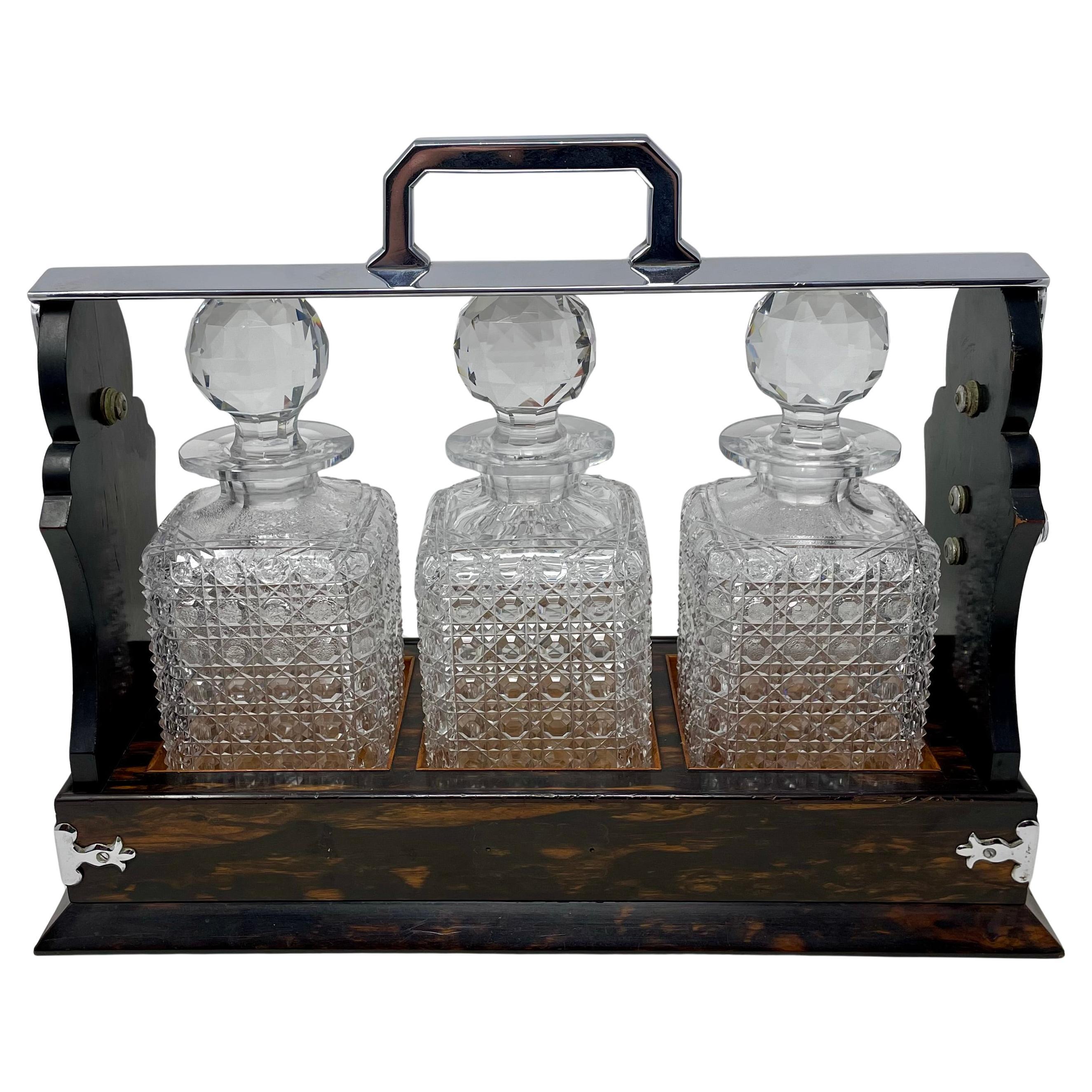 Antique English Silver Plate, Coromandel Wood and Cut Crystal 3 Bottle Tantalus. For Sale 3