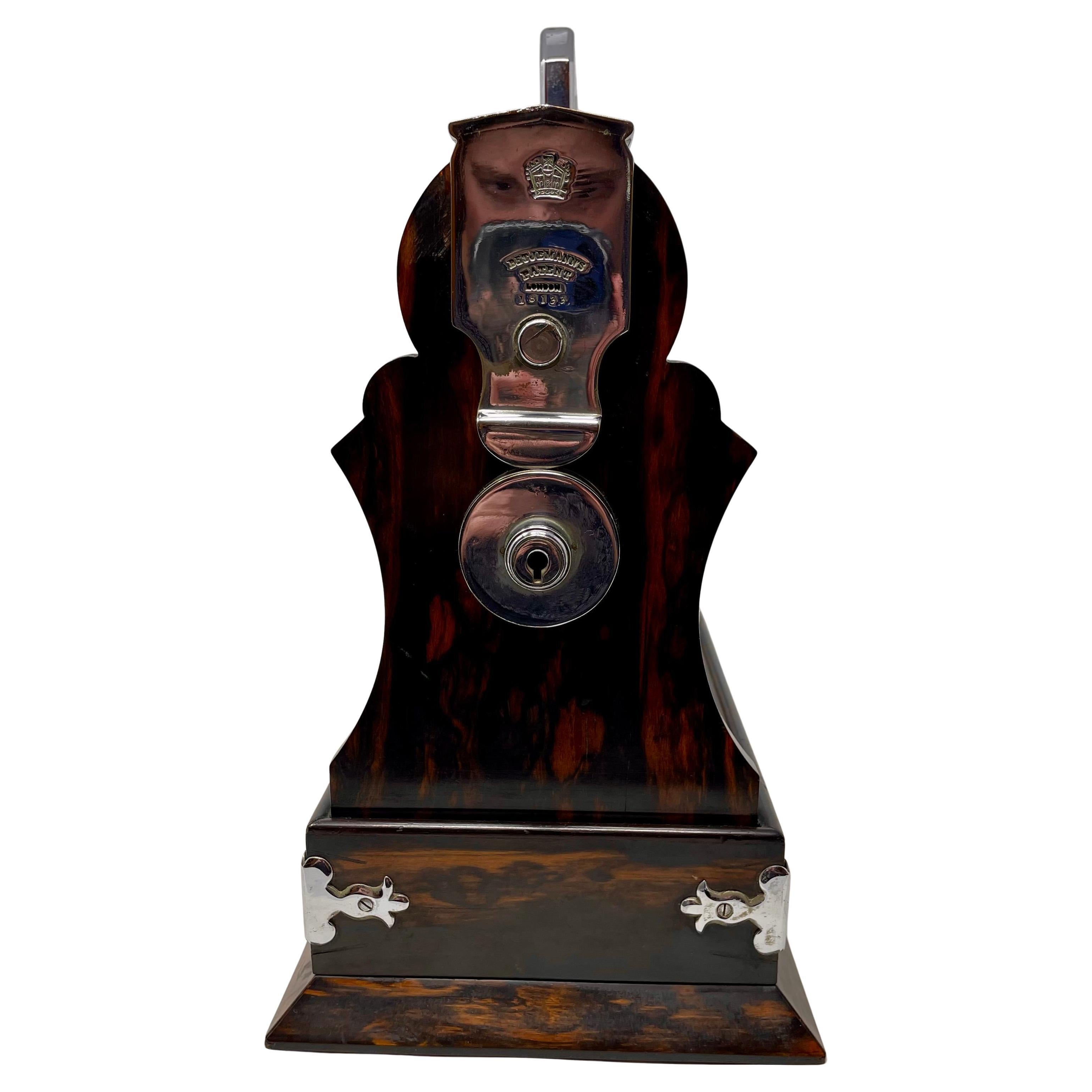 Antique English Silver Plate, Coromandel Wood and Cut Crystal 3 Bottle Tantalus. For Sale 4