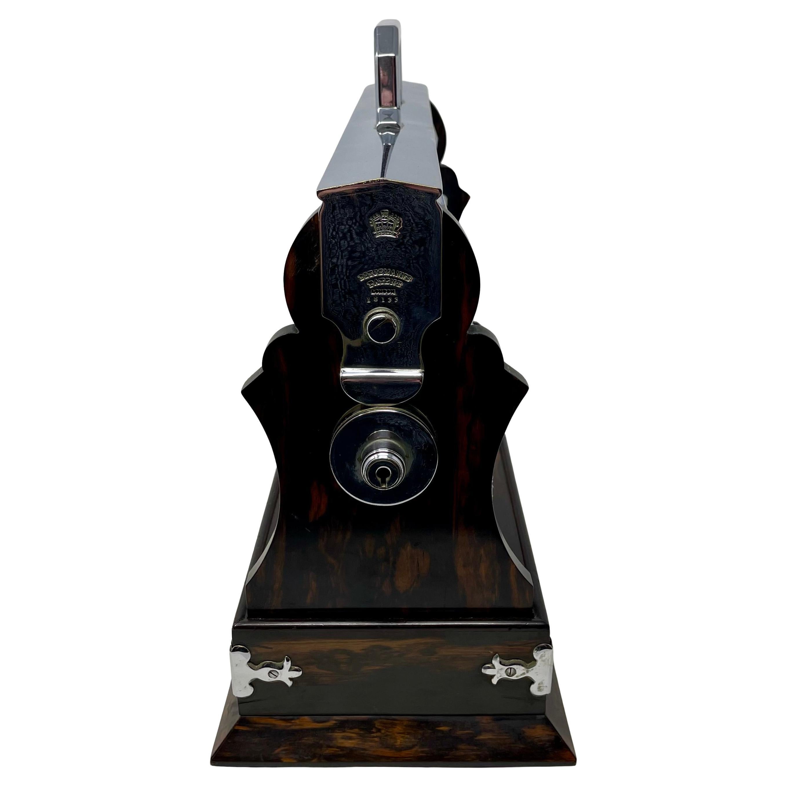 Antique English Silver Plate, Coromandel Wood and Cut Crystal 3 Bottle Tantalus. For Sale 5
