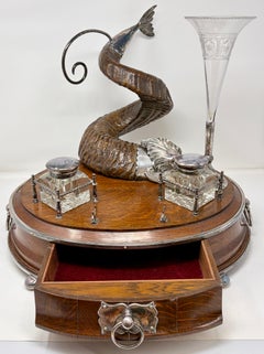 Antique English Silver-Plate, Crystal & Oak Inkwell Stand with Stag's Horn.