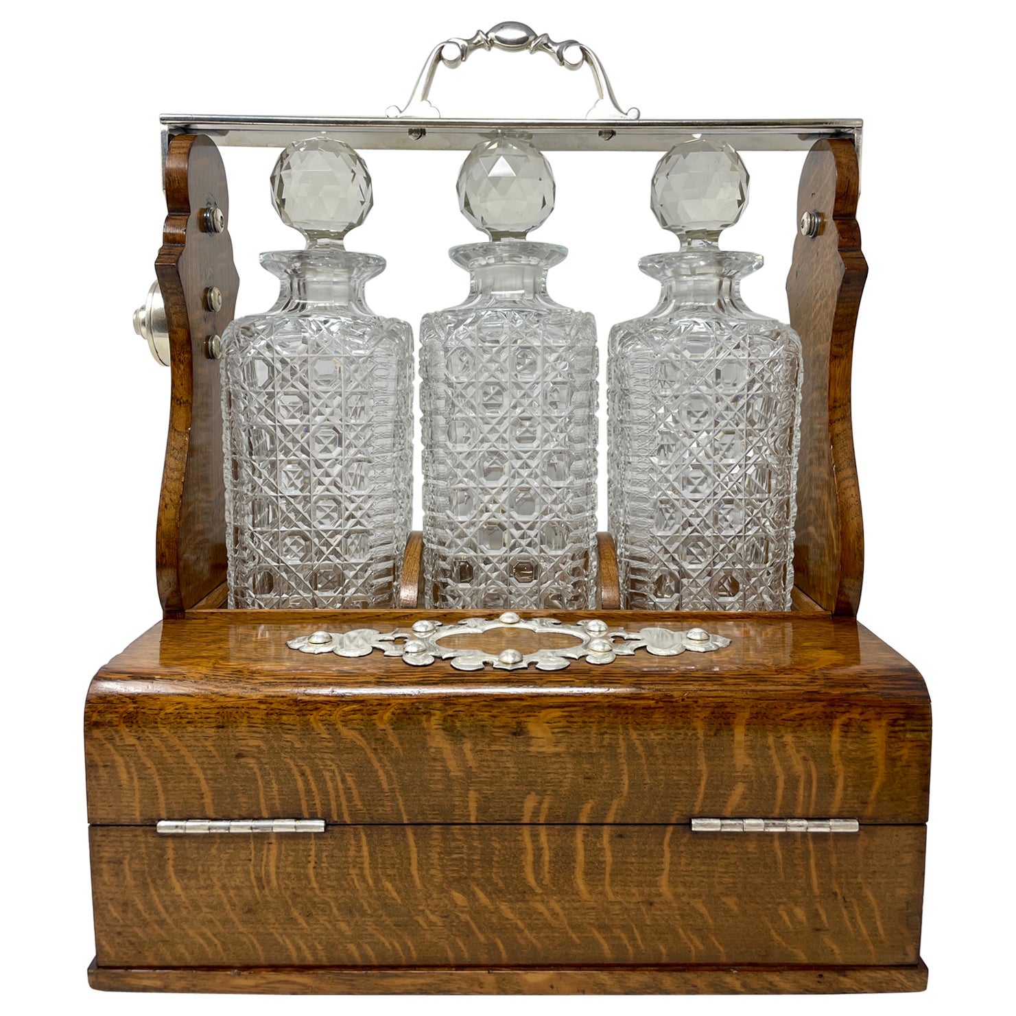 Antique English Silver Plate & Cut Crystal Tantalus Smoker's Box, Circa 1880