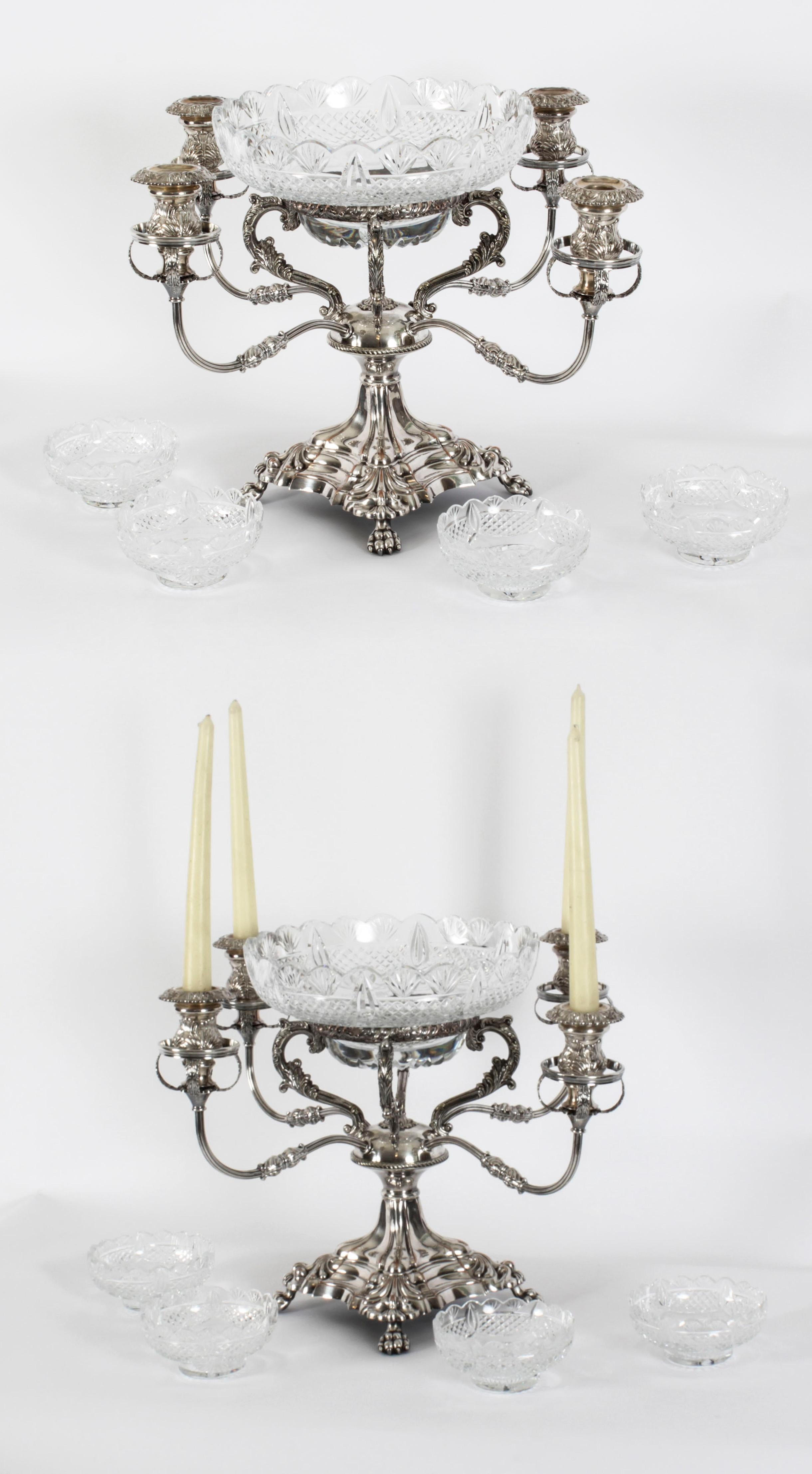 Antique English Silver Plate Cut Glass Epergne Candelabra Centrepiece 19th C 12