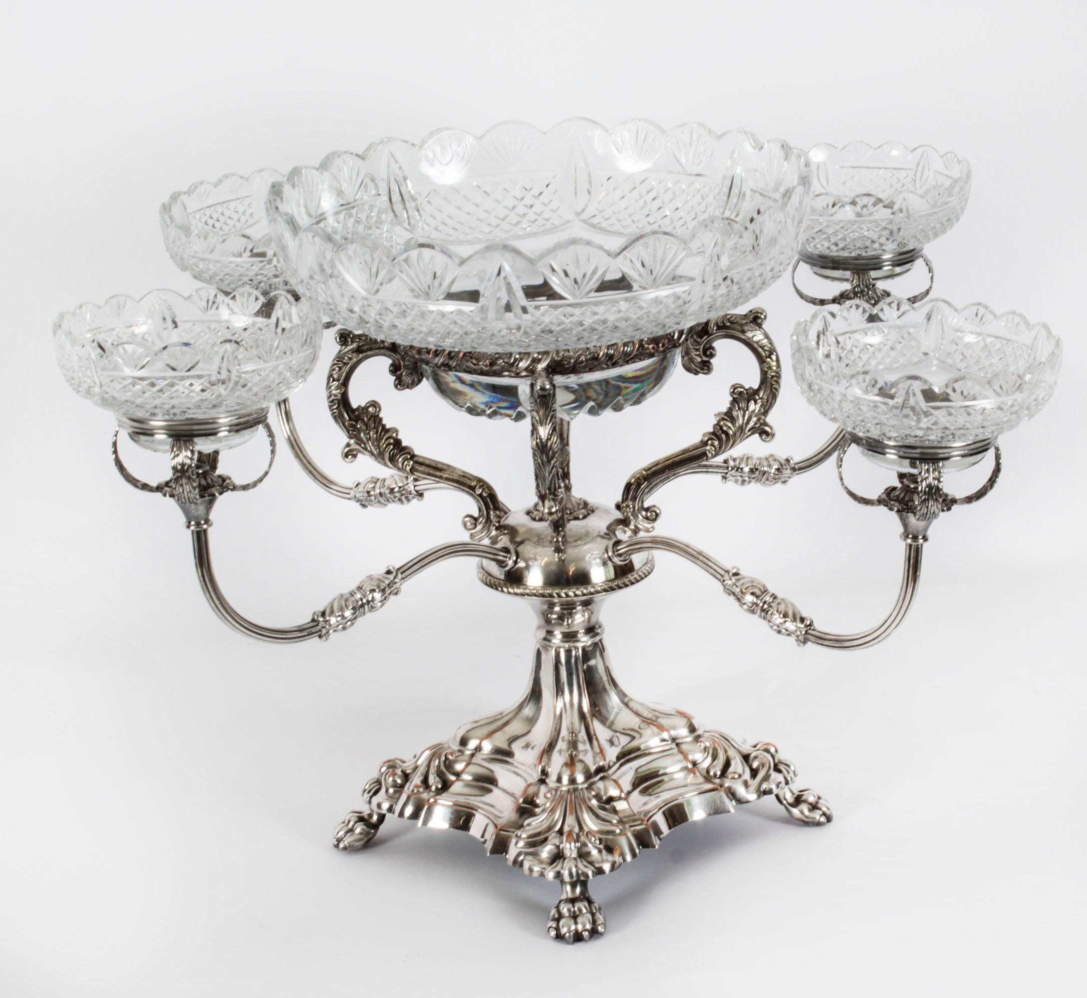 William IV Antique English Silver Plate Cut Glass Epergne Candelabra Centrepiece 19th C