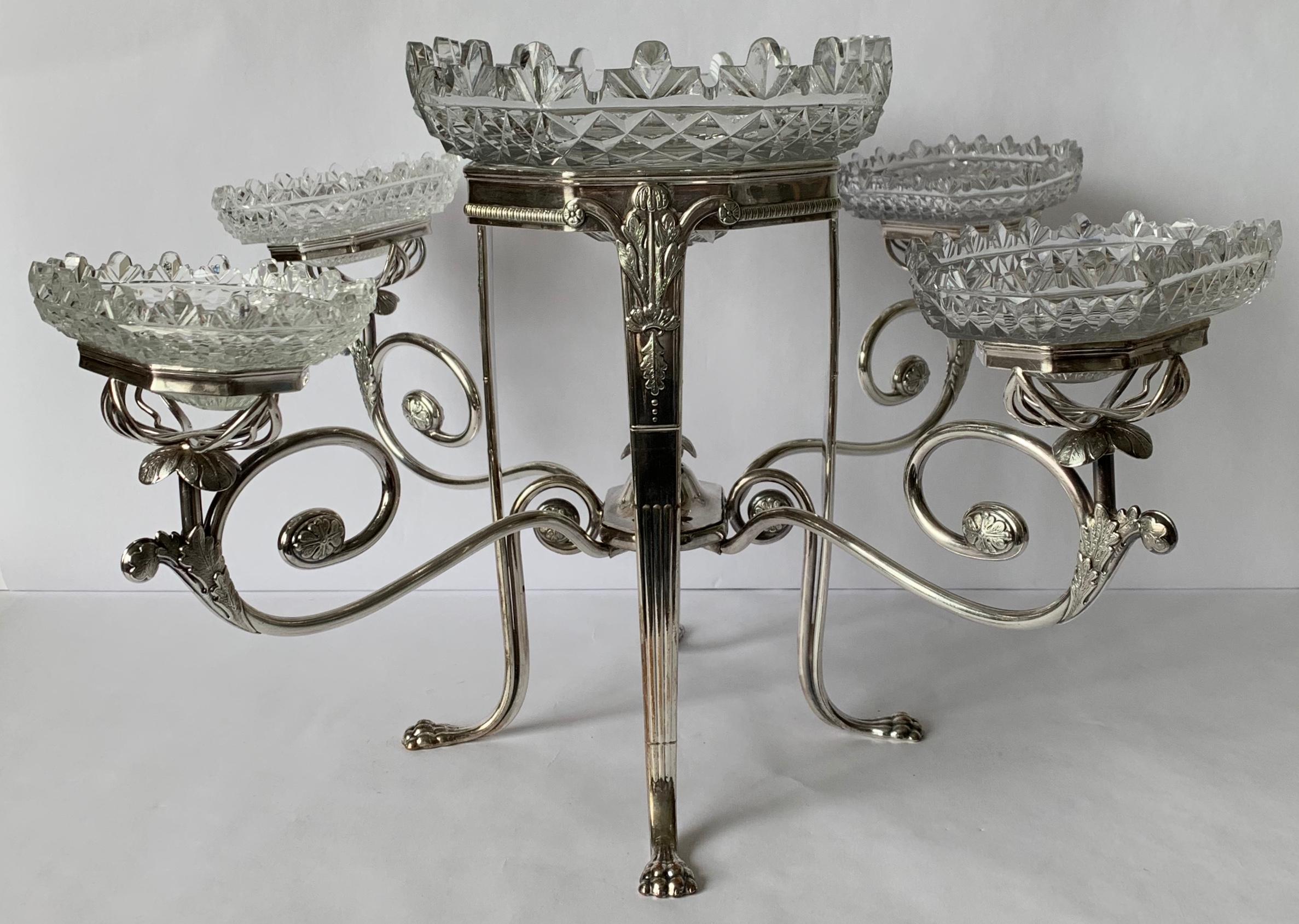 Antique English Silver Plated and Cut Glass Epergne For Sale 3